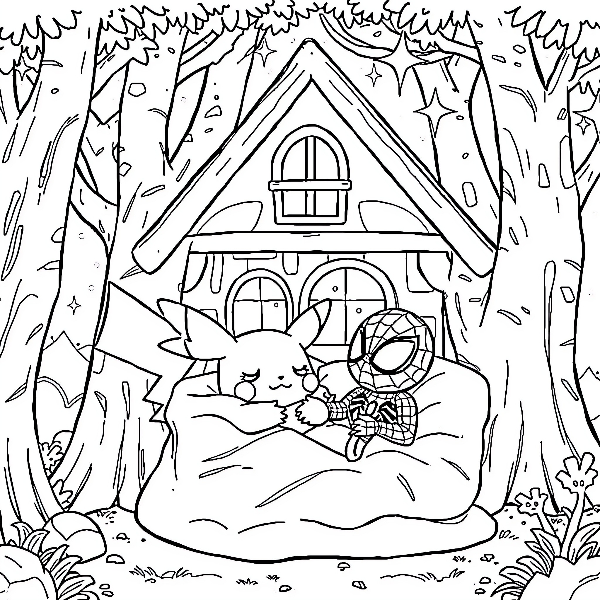 Pikachu Relaxing in a Cozy Forest Cabin Coloring Page (free black-and-white line drawing printable PDF for all, from beginners to advanced learners, including children, teens, adults, and seniors)