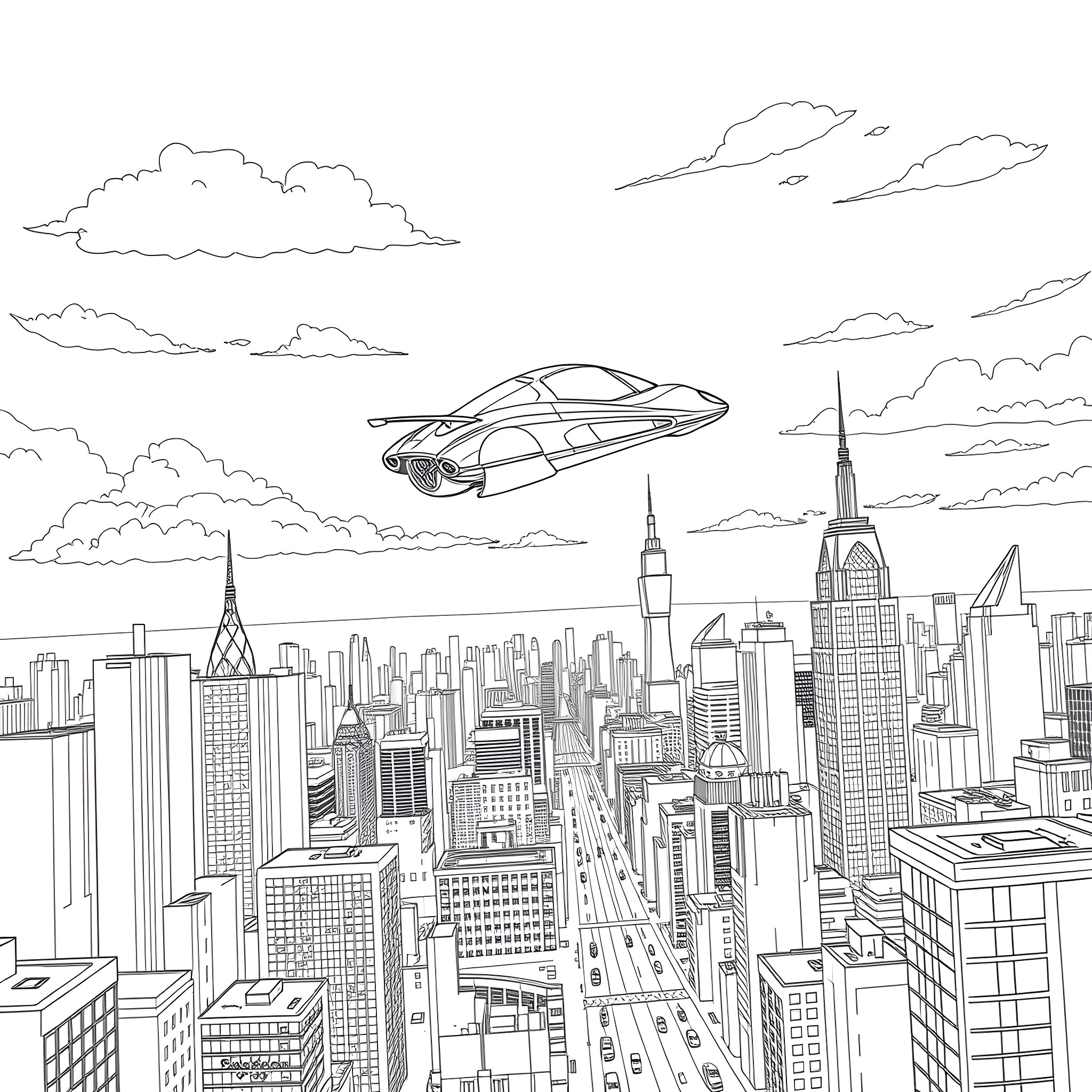 Flying Car racing above the futuristic city skyline Coloring Page (free black-and-white line drawing printable PDF for all, from beginners to advanced learners, including children, teens, adults, and seniors)