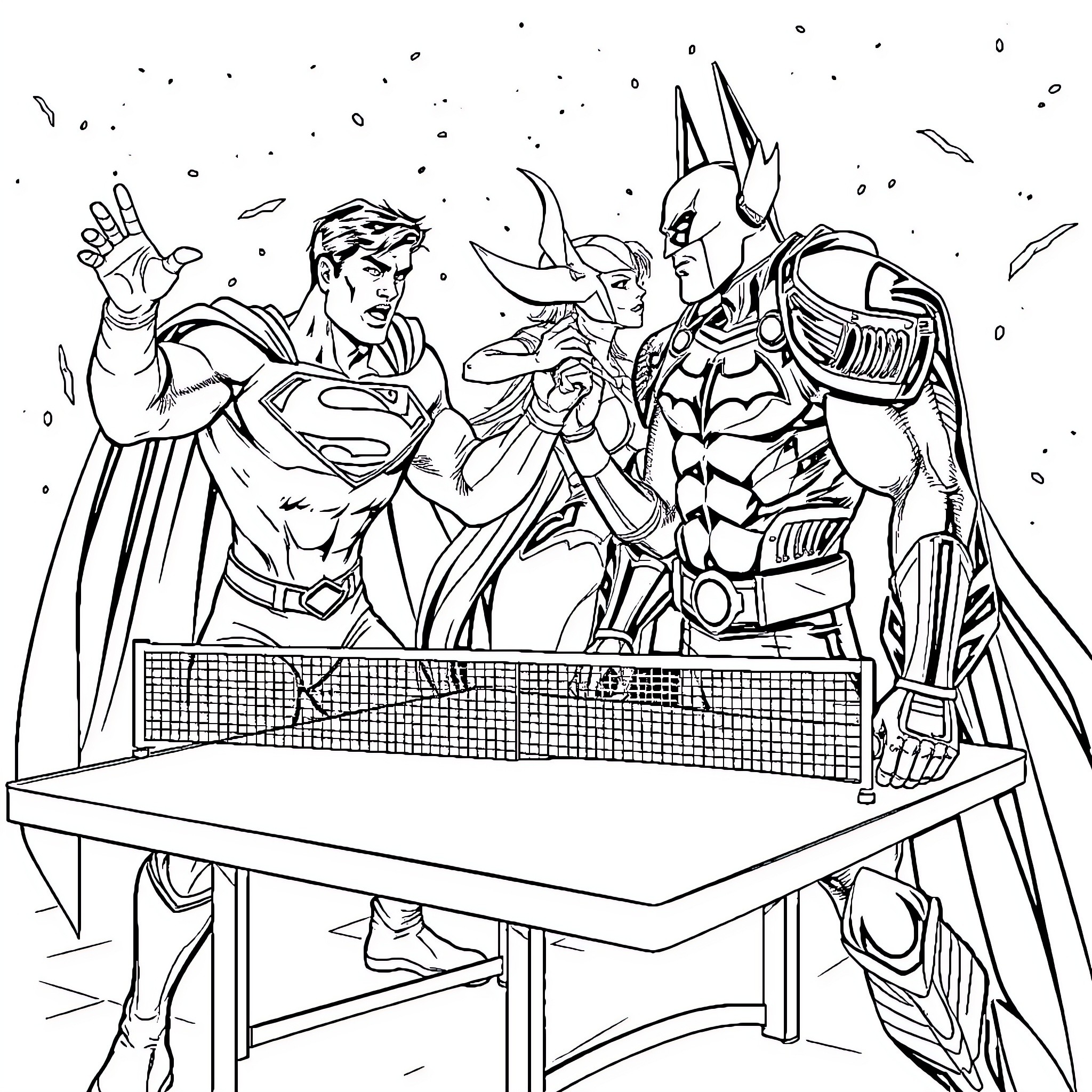 Superman and superheroes playing table tennis Coloring Page (free black-and-white line drawing printable PDF for all, from beginners to advanced learners, including children, teens, adults, and seniors)