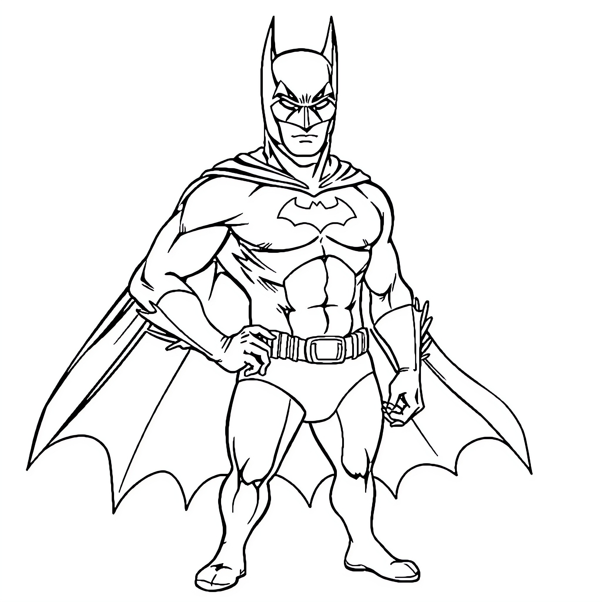 Bat Man in heroic pose Coloring Page (free black-and-white line drawing printable PDF for all, from beginners to advanced learners, including children, teens, adults, and seniors)