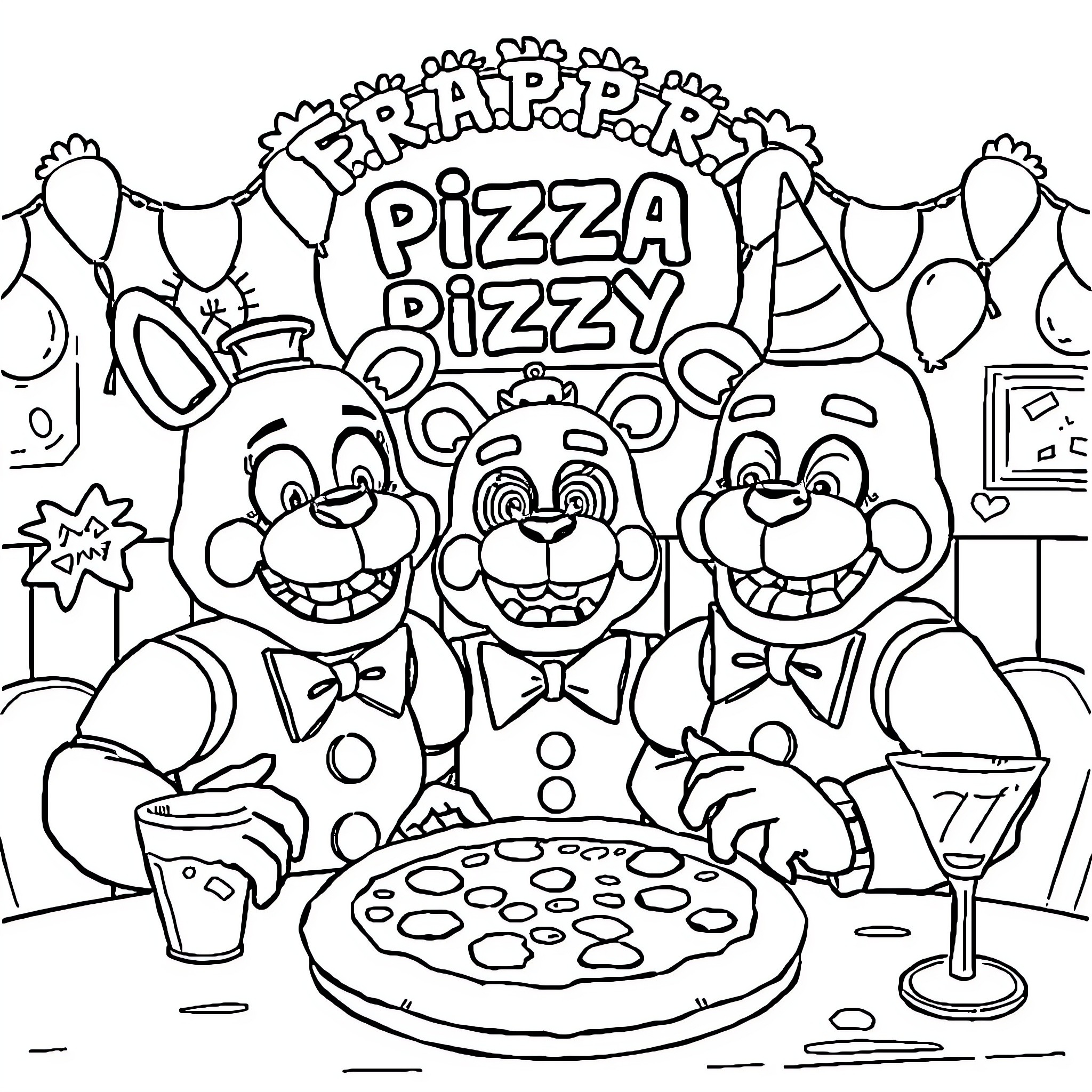 Freddy's Pizzeria Party with Pizza Bizzy Coloring Page (free black-and-white line drawing printable PDF for all, from beginners to advanced learners, including children, teens, adults, and seniors)