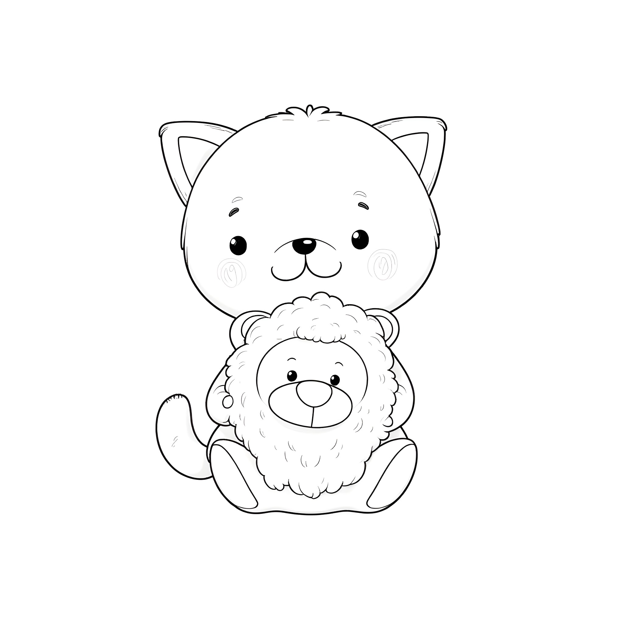 Cat hugging a fluffy companion Coloring Page (free black-and-white line drawing printable PDF for all, from beginners to advanced learners, including children, teens, adults, and seniors)