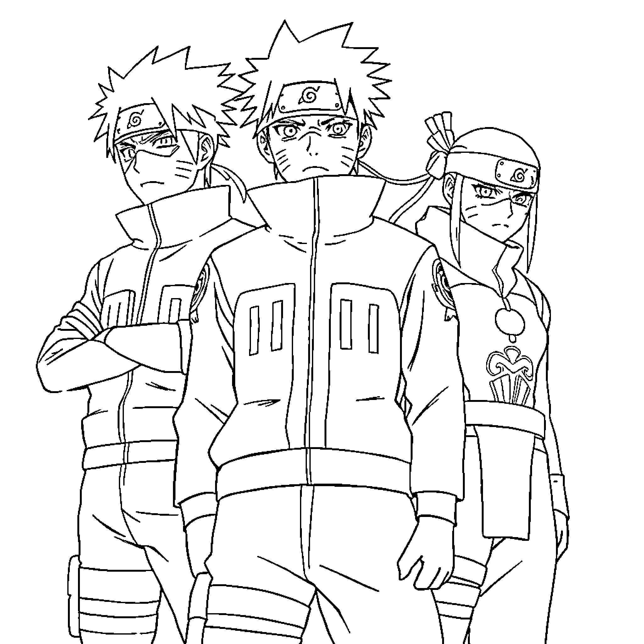 Naruto Team Poses Together in Determined Outfits Coloring Page (free black-and-white line drawing printable PDF for all, from beginners to advanced learners, including children, teens, adults, and seniors)