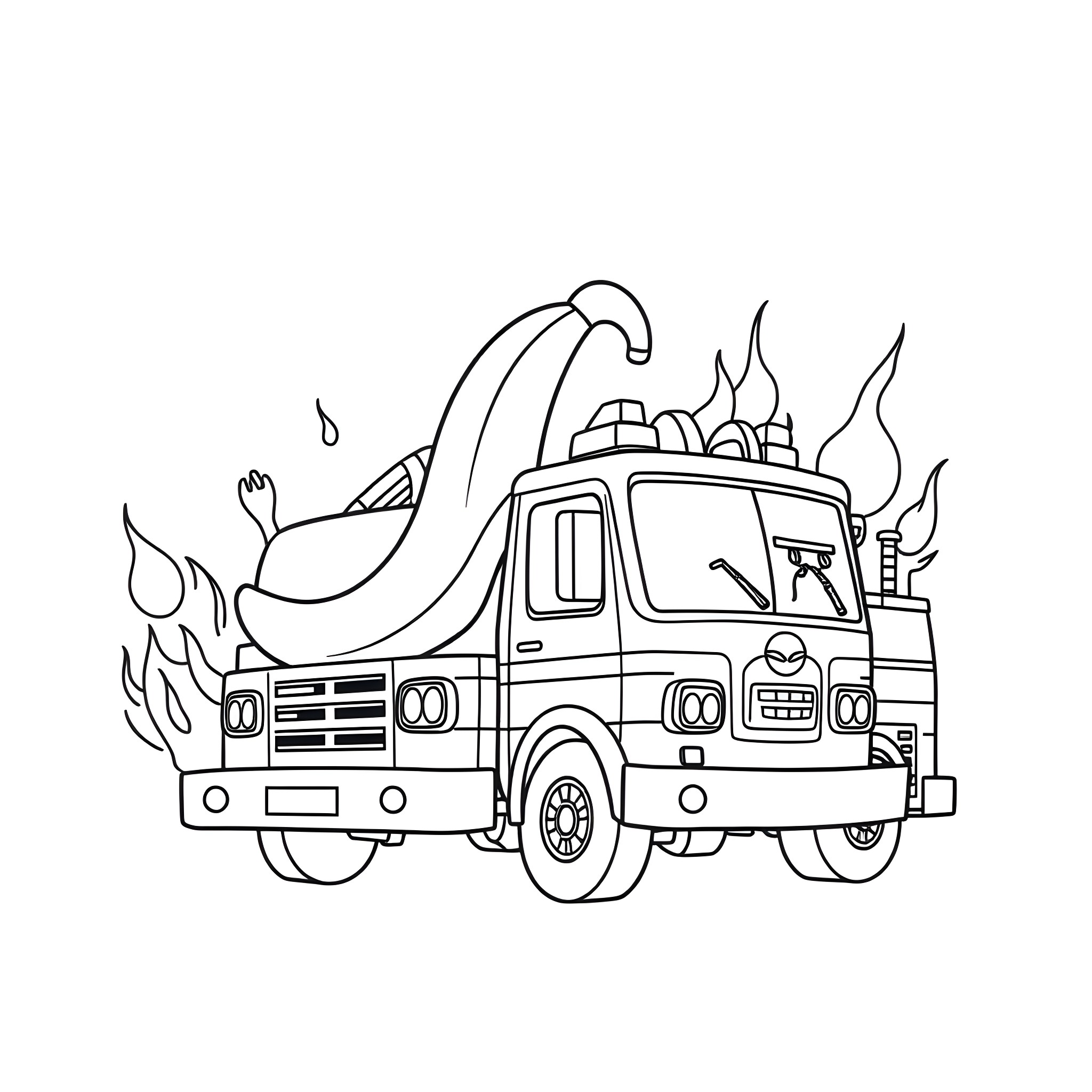 Firetruck rushing to emergency with sirens and flames Coloring Page (free black-and-white line drawing printable PDF for all, from beginners to advanced learners, including children, teens, adults, and seniors)