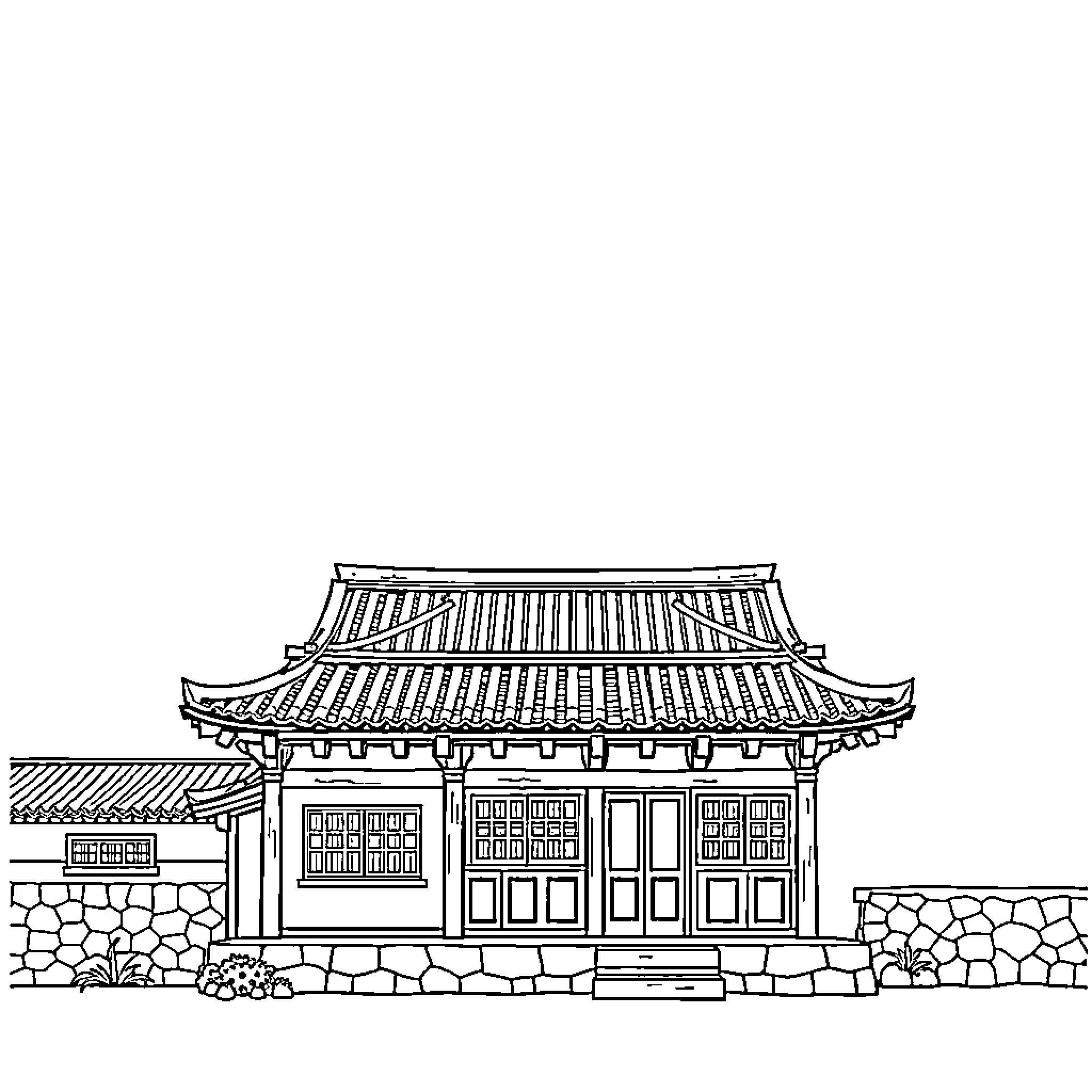 Korean Home with Distinctive Architectural Features Coloring Page (free black-and-white line drawing printable PDF for all, from beginners to advanced learners, including children, teens, adults, and seniors)