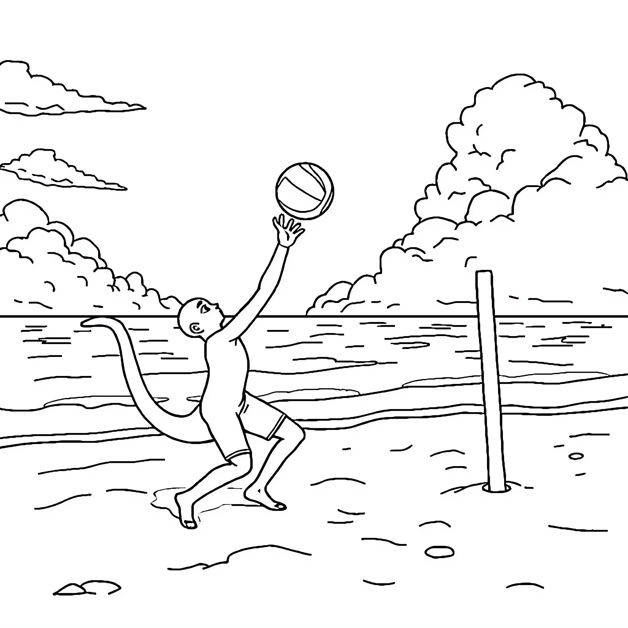 Drake playing beach volleyball in the clouds Coloring Page (free black-and-white line drawing printable PDF for all, from beginners to advanced learners, including children, teens, adults, and seniors)