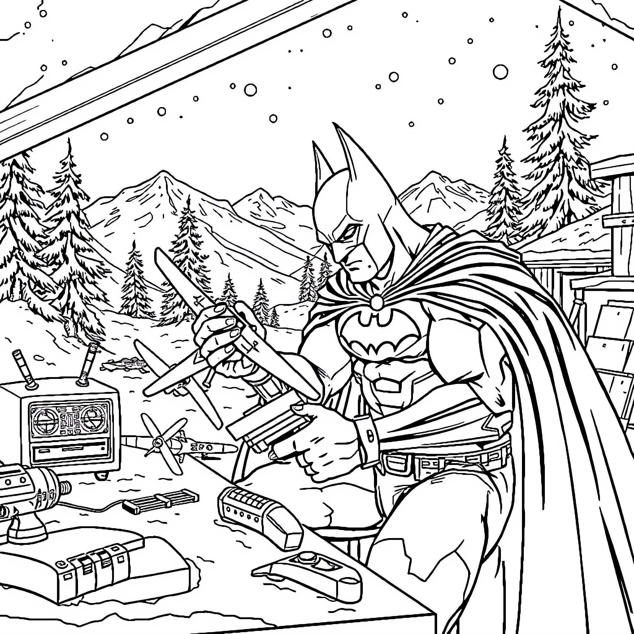 Batman's Snowy Mountain Adventure Coloring Page (free black-and-white line drawing printable PDF for all, from beginners to advanced learners, including children, teens, adults, and seniors)