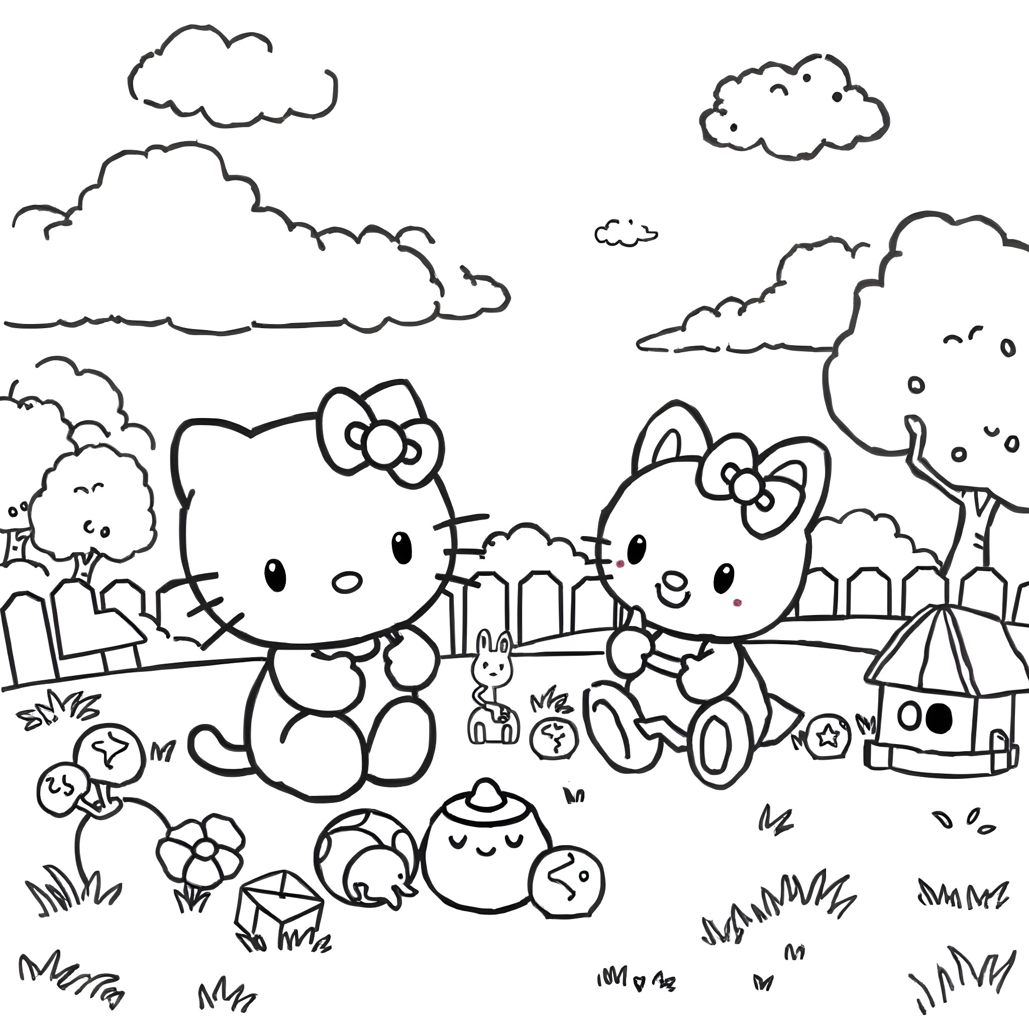 Hello Kitty and her friends enjoying a day outdoors Coloring Page (free black-and-white line drawing printable PDF for all, from beginners to advanced learners, including children, teens, adults, and seniors)
