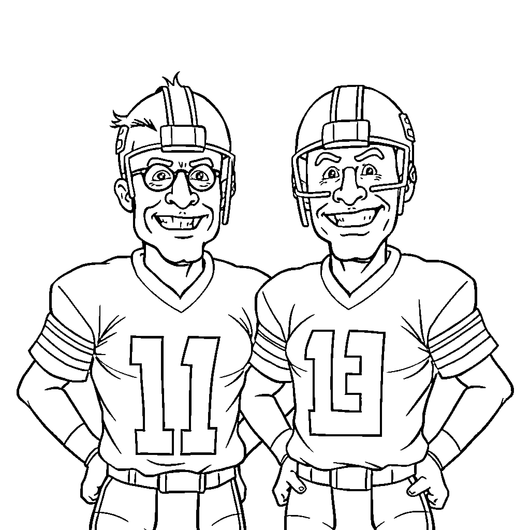 Football Players Smiling in Jerseys and Helmets Coloring Page (free black-and-white line drawing printable PDF for all, from beginners to advanced learners, including children, teens, adults, and seniors)
