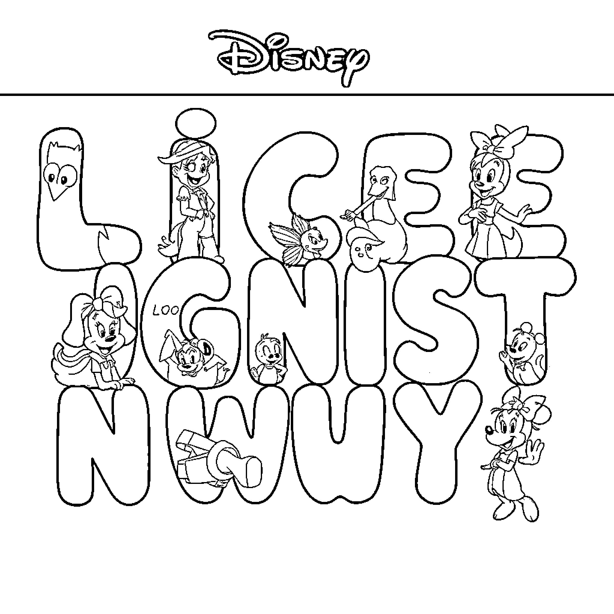 Alphabet Disney characters in playful poses Coloring Page (free black-and-white line drawing printable PDF for all, from beginners to advanced learners, including children, teens, adults, and seniors)