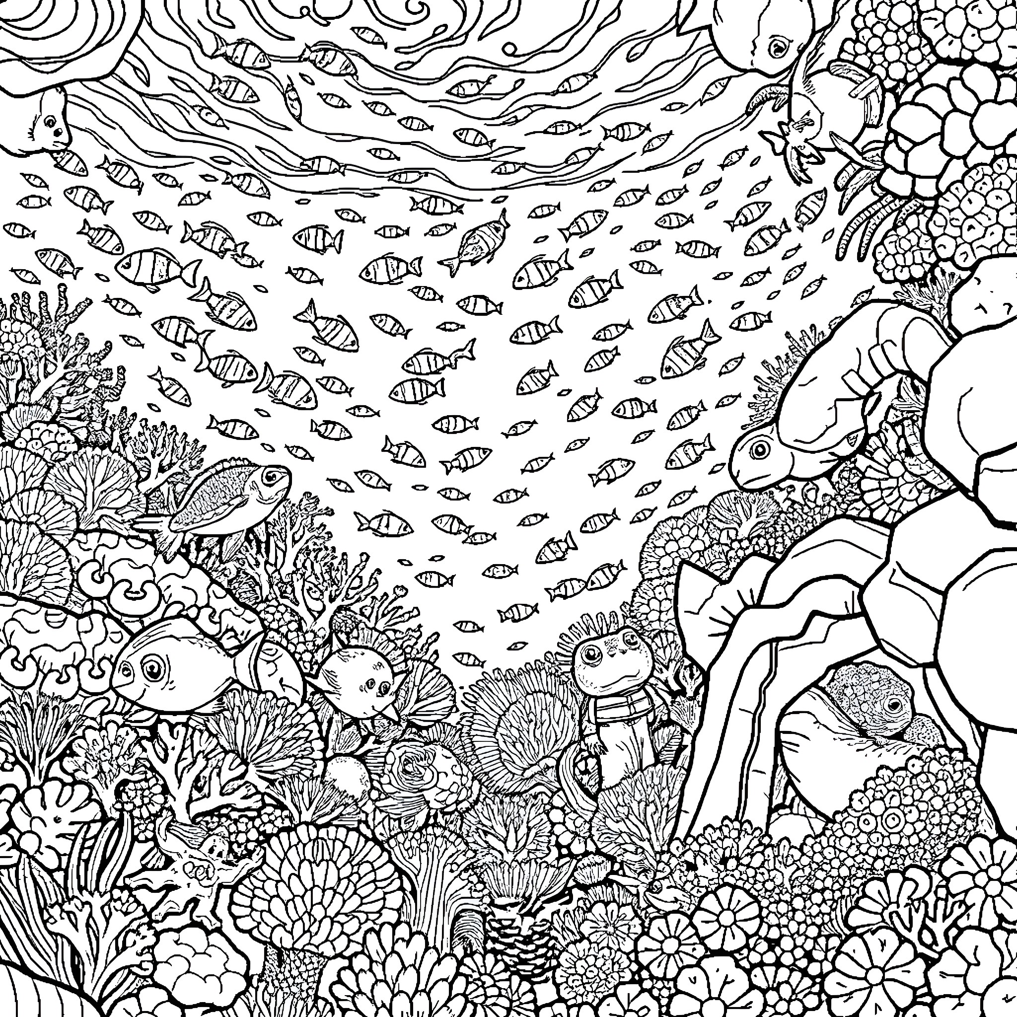 Underwater Marine Life Sanctuary Coloring Page (free black-and-white line drawing printable PDF for all, from beginners to advanced learners, including children, teens, adults, and seniors)
