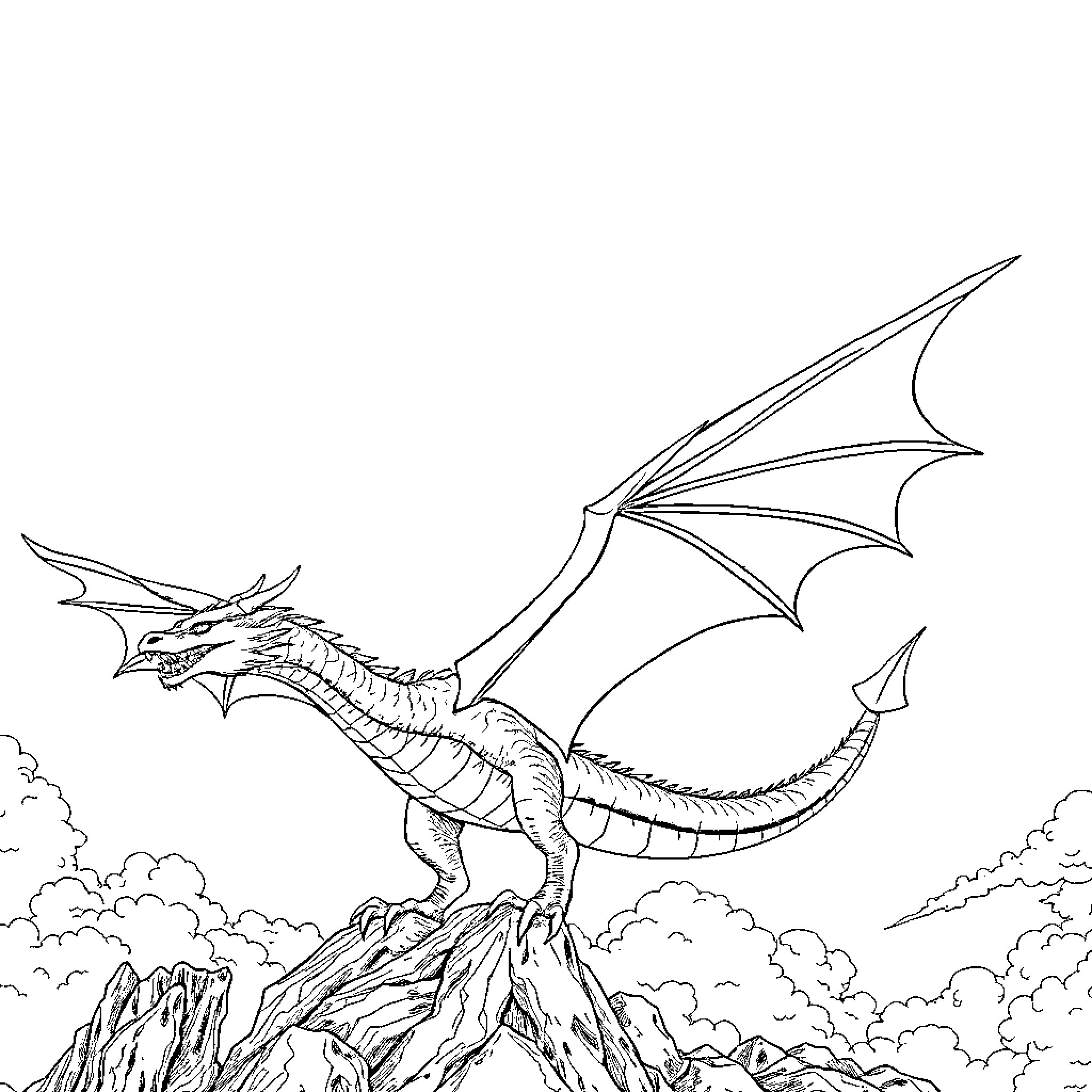 Dragon soaring above the rugged mountain landscape Coloring Page (free black-and-white line drawing printable PDF for all, from beginners to advanced learners, including children, teens, adults, and seniors)