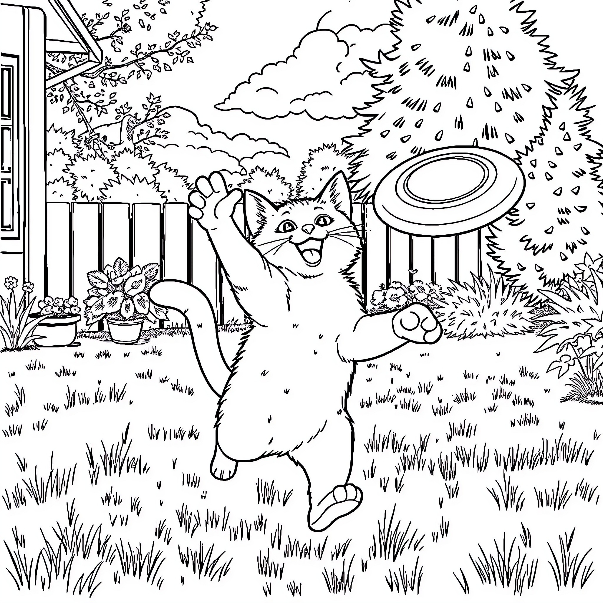 Cat playing joyfully with frisbee in backyard Coloring Page (free black-and-white line drawing printable PDF for all, from beginners to advanced learners, including children, teens, adults, and seniors)