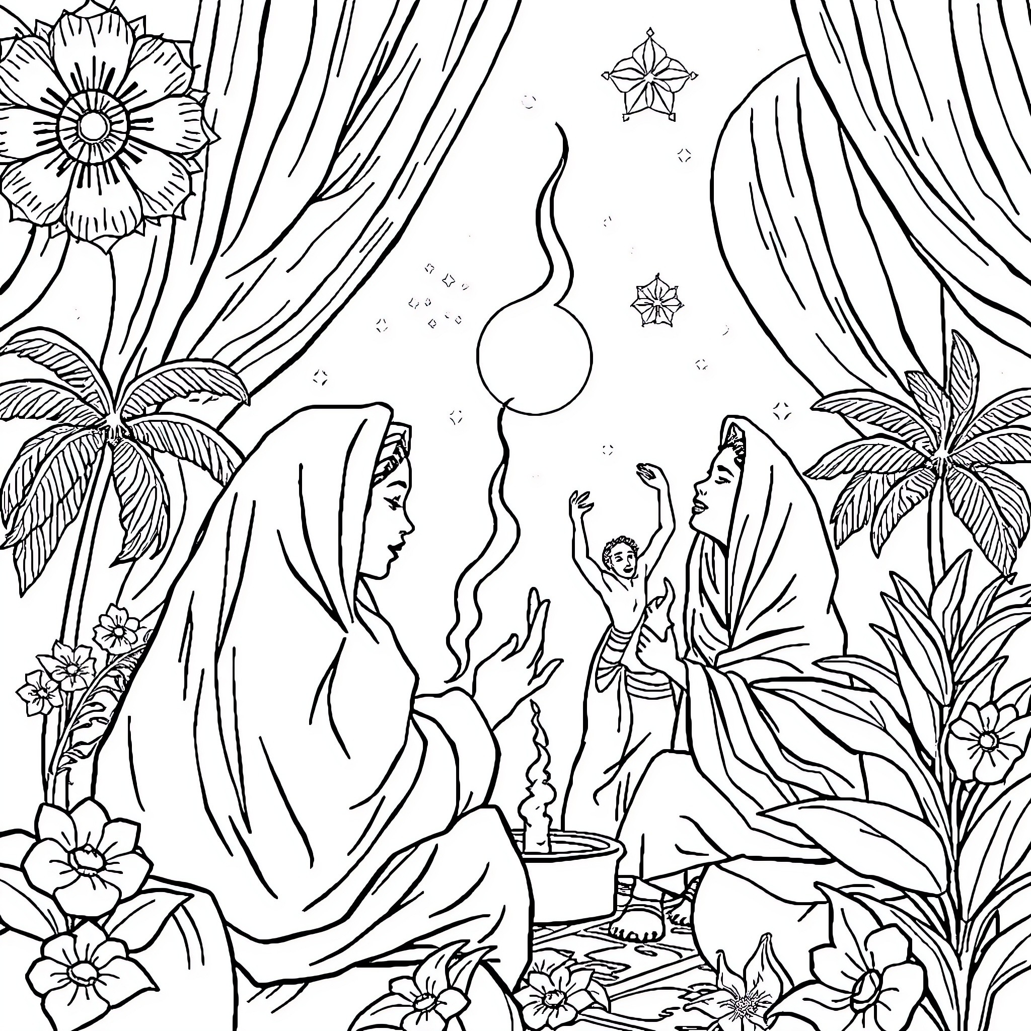 Sahur in the Lush Garden Coloring Page (free black-and-white line drawing printable PDF for all, from beginners to advanced learners, including children, teens, adults, and seniors)