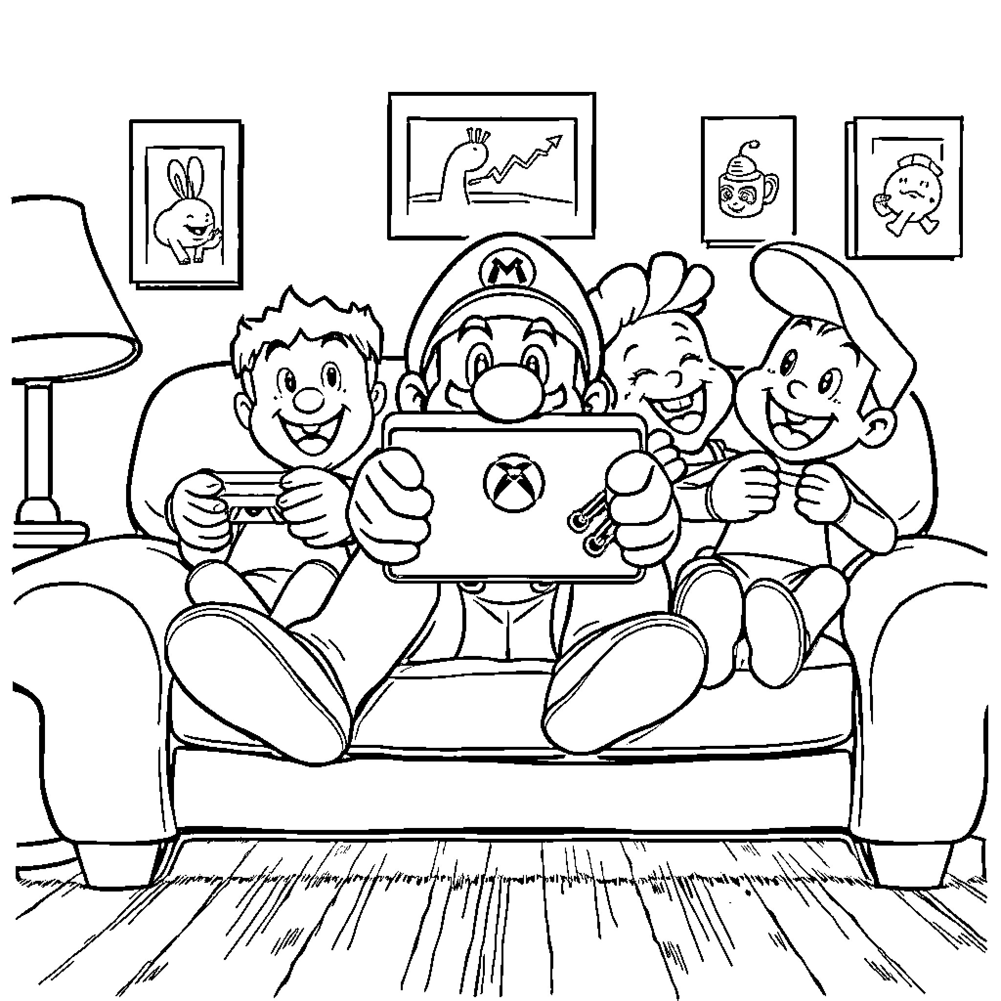 Mario and Friends Enjoying a Gaming Session Coloring Page (free black-and-white line drawing printable PDF for all, from beginners to advanced learners, including children, teens, adults, and seniors)