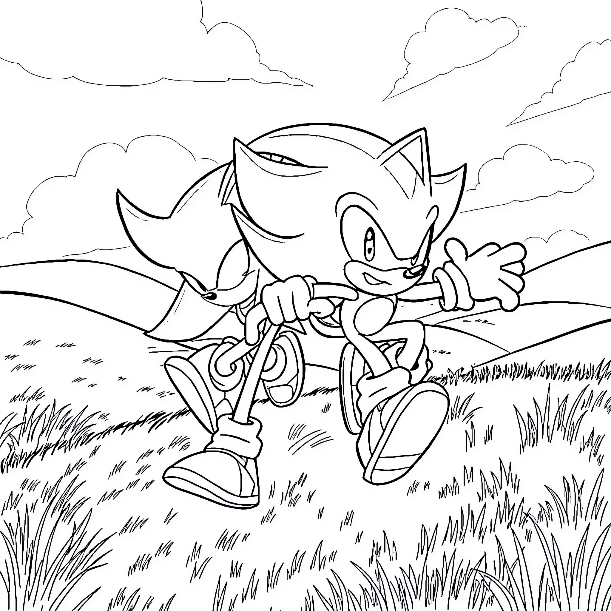 Sonic running through the countryside Coloring Page (free black-and-white line drawing printable PDF for all, from beginners to advanced learners, including children, teens, adults, and seniors)