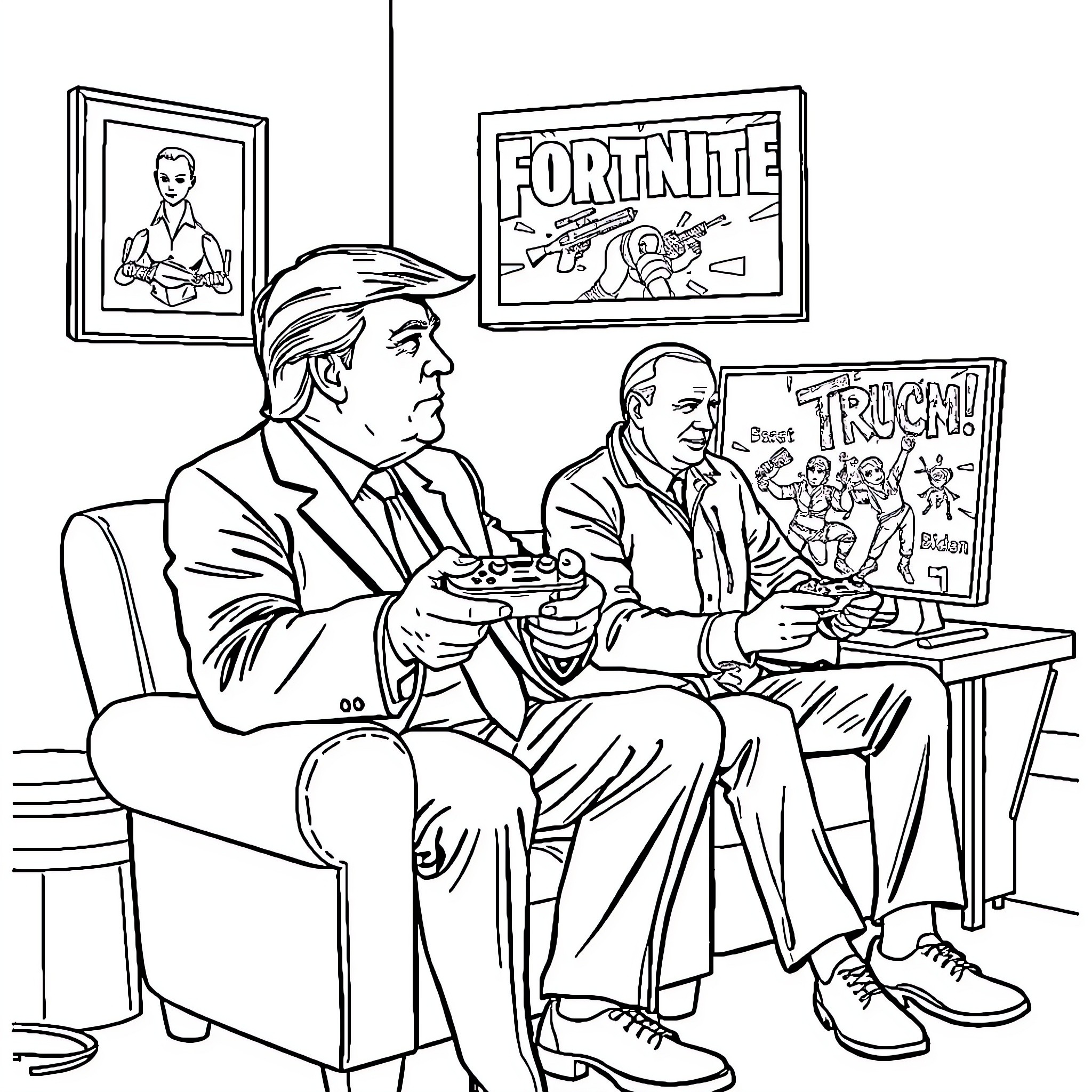 Donald Trump and friend playing video games Coloring Page (free black-and-white line drawing printable PDF for all, from beginners to advanced learners, including children, teens, adults, and seniors)