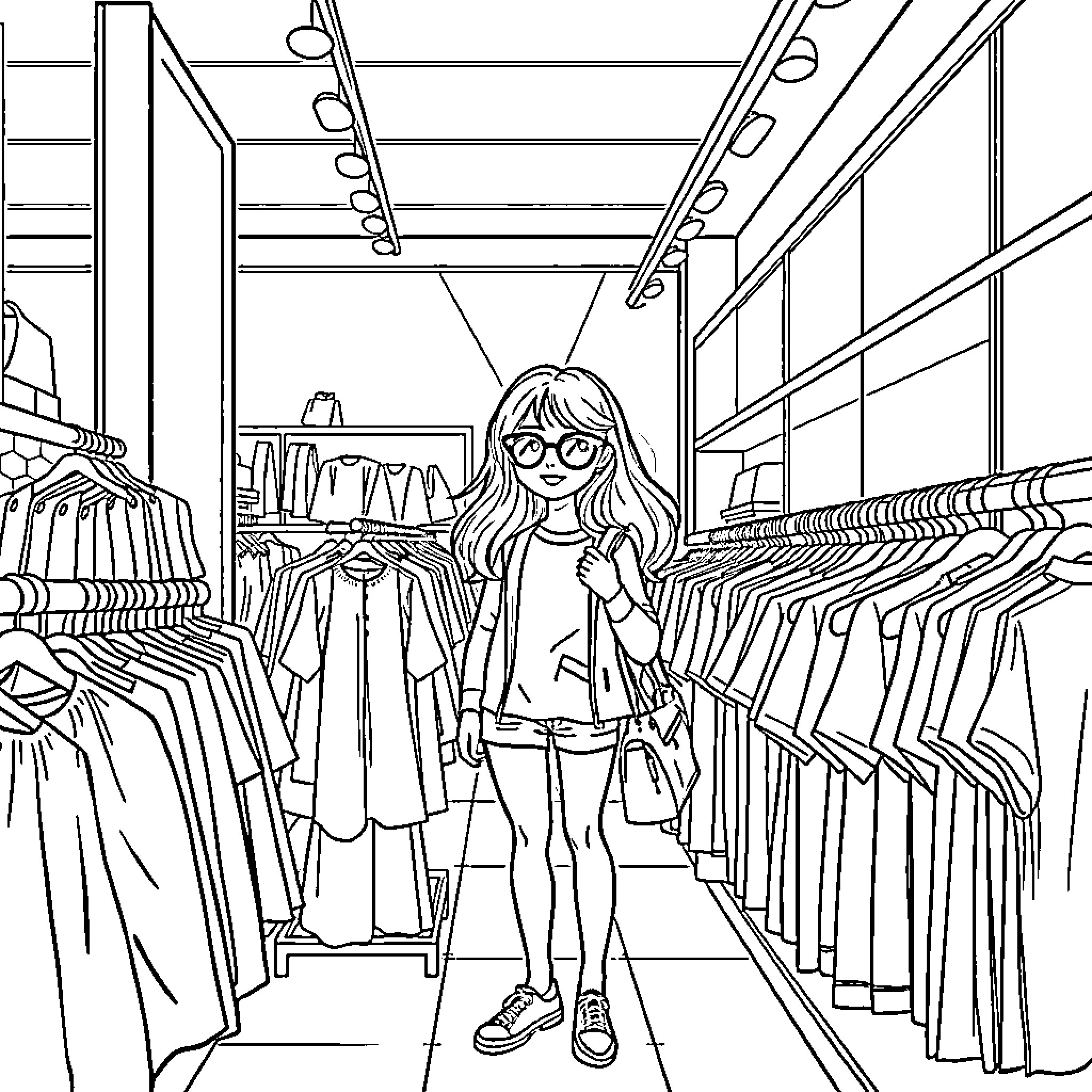 Girl shopping happily in a clothing store Coloring Page (free black-and-white line drawing printable PDF for all, from beginners to advanced learners, including children, teens, adults, and seniors)