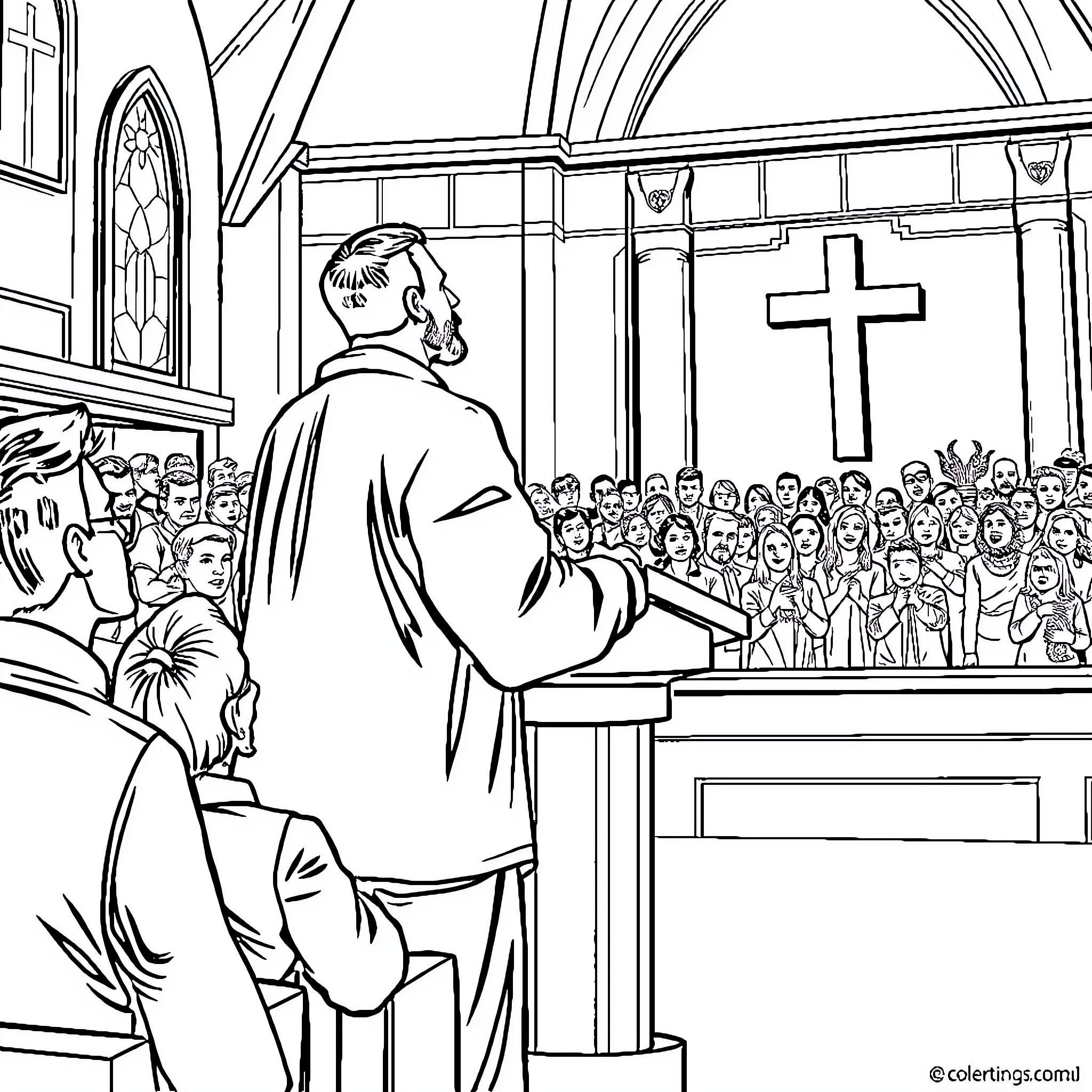 John Cena Preaching to a Congregation in a Church Coloring Page (free black-and-white line drawing printable PDF for all, from beginners to advanced learners, including children, teens, adults, and seniors)