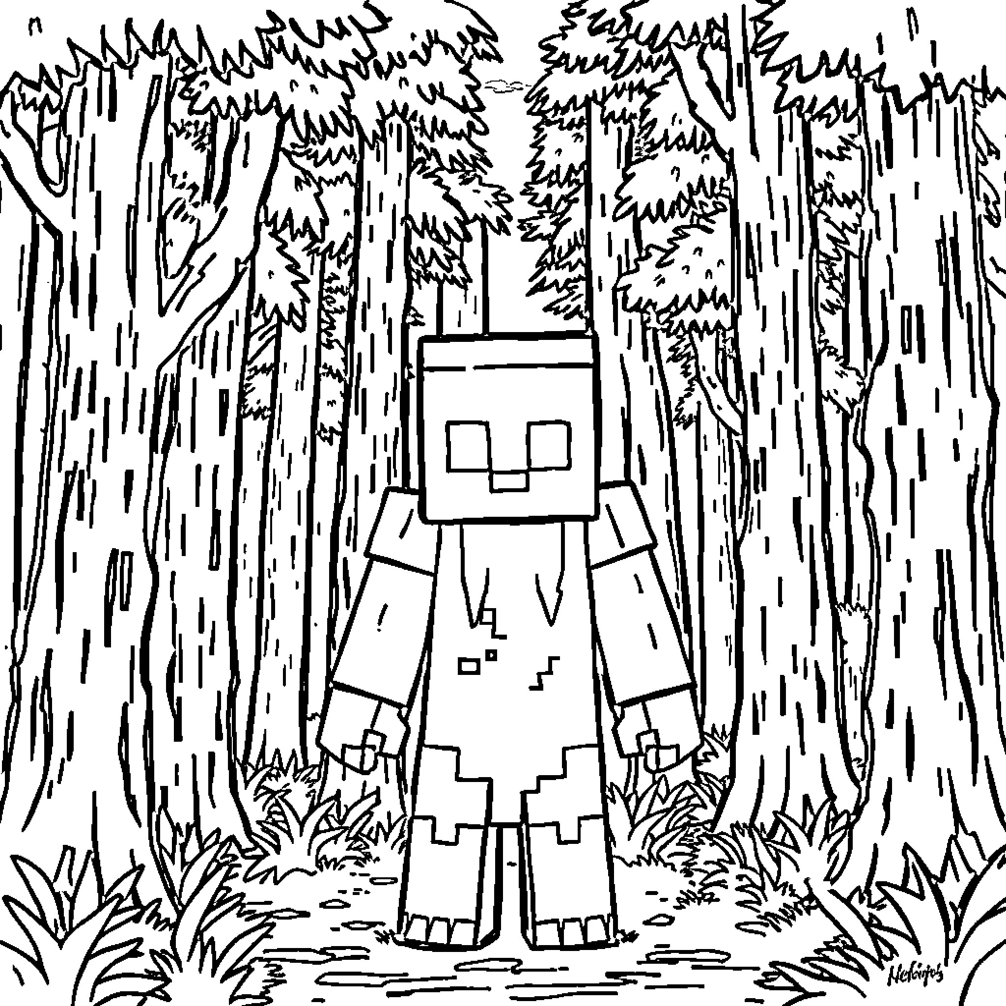 Herobrine in the Enchanted Forest Coloring Page (free black-and-white line drawing printable PDF for all, from beginners to advanced learners, including children, teens, adults, and seniors)