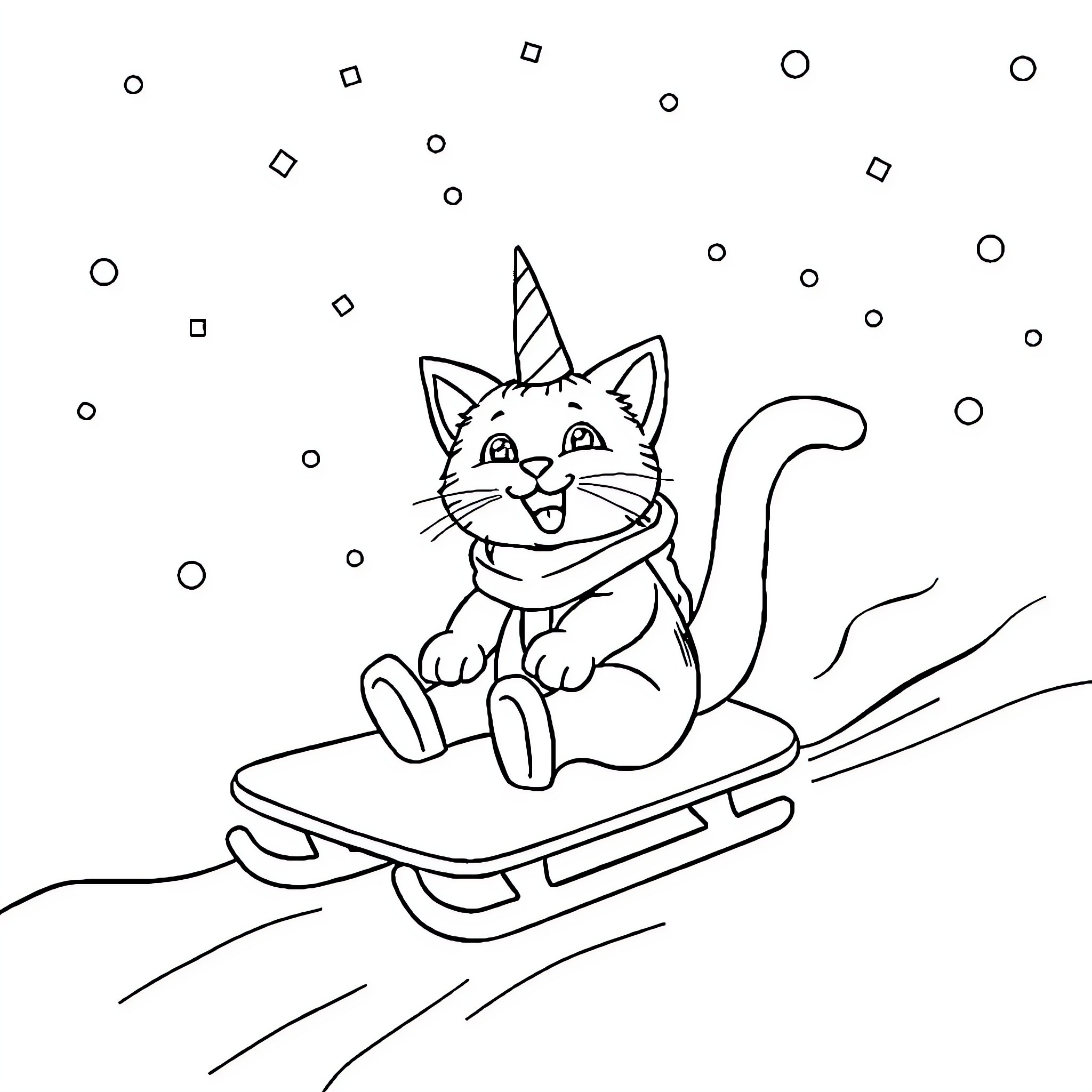 Unicorn cat sledding happily in the winter Coloring Page (free black-and-white line drawing printable PDF for all, from beginners to advanced learners, including children, teens, adults, and seniors)
