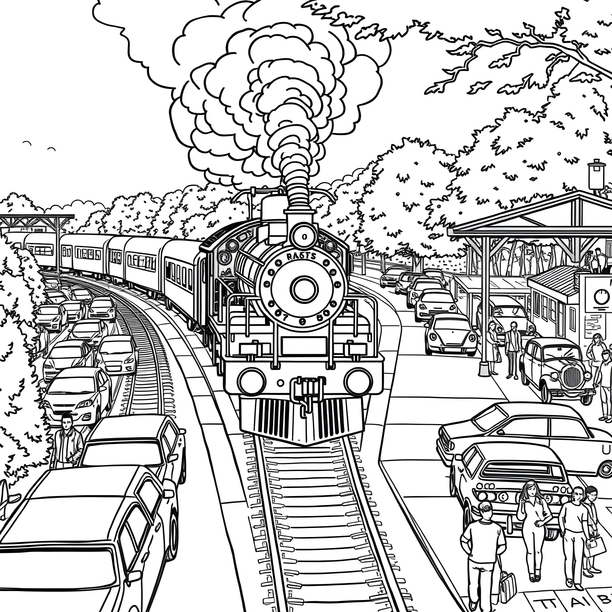 Train Traveling Through the Bustling Station Coloring Page (free black-and-white line drawing printable PDF for all, from beginners to advanced learners, including children, teens, adults, and seniors)