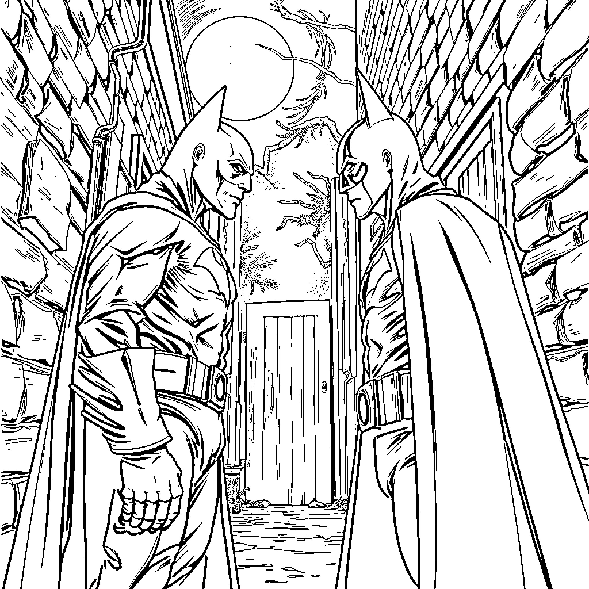 Batman confronting a villain in a dark alley Coloring Page (free black-and-white line drawing printable PDF for all, from beginners to advanced learners, including children, teens, adults, and seniors)