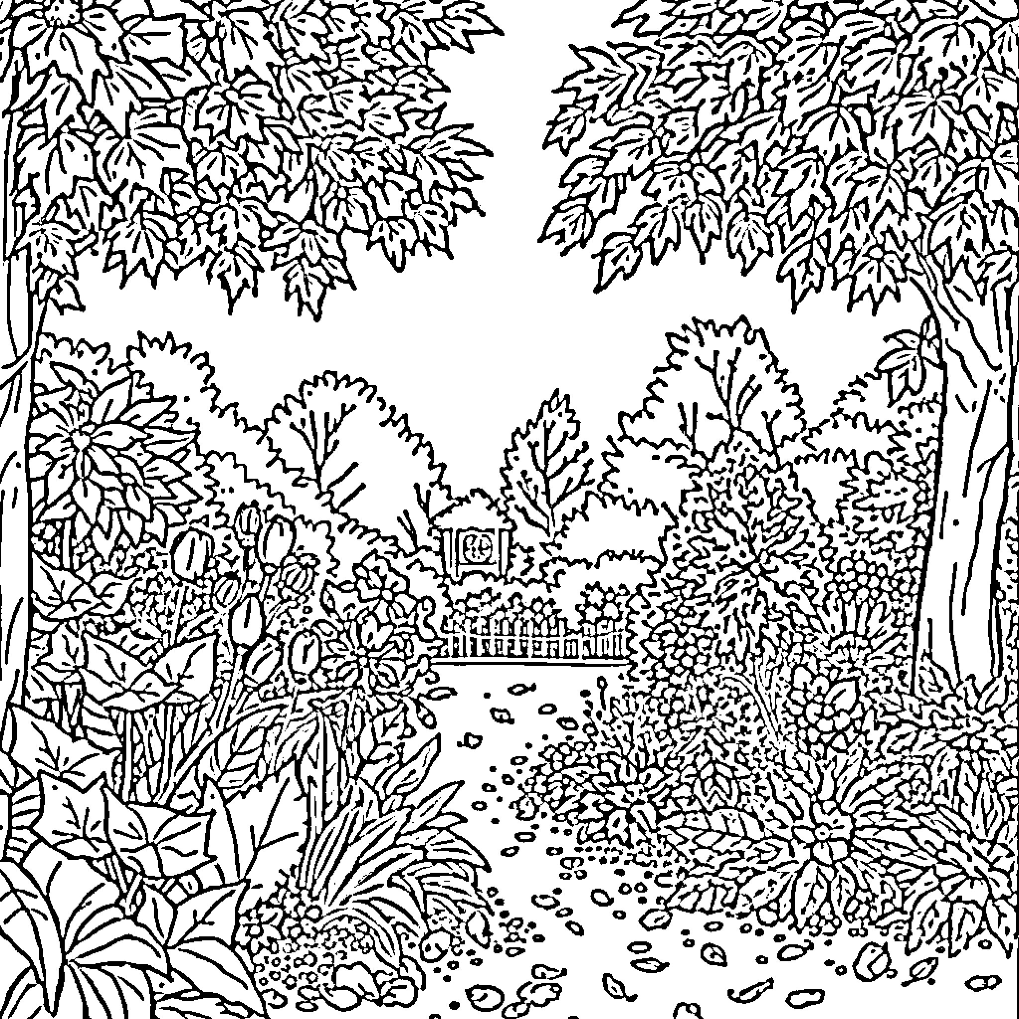Garden Scene with Lush Foliage and Meandering Path Coloring Page (free black-and-white line drawing printable PDF for all, from beginners to advanced learners, including children, teens, adults, and seniors)