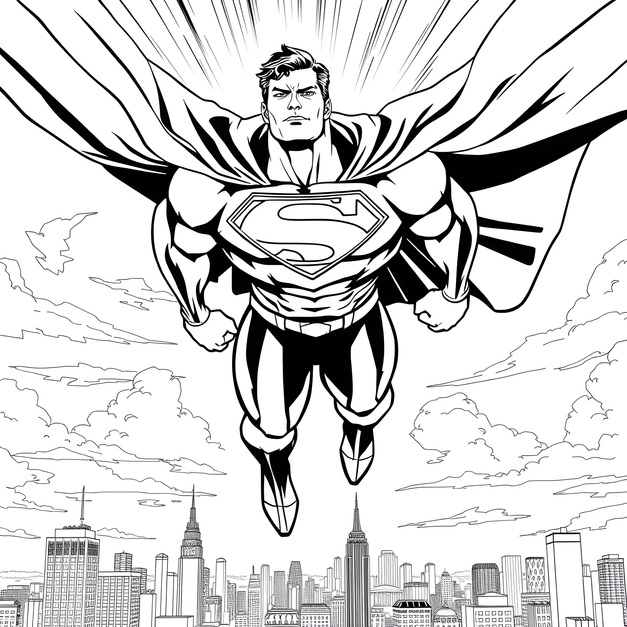 Superman soaring heroically over the city skyline Coloring Page (free black-and-white line drawing printable PDF for all, from beginners to advanced learners, including children, teens, adults, and seniors)