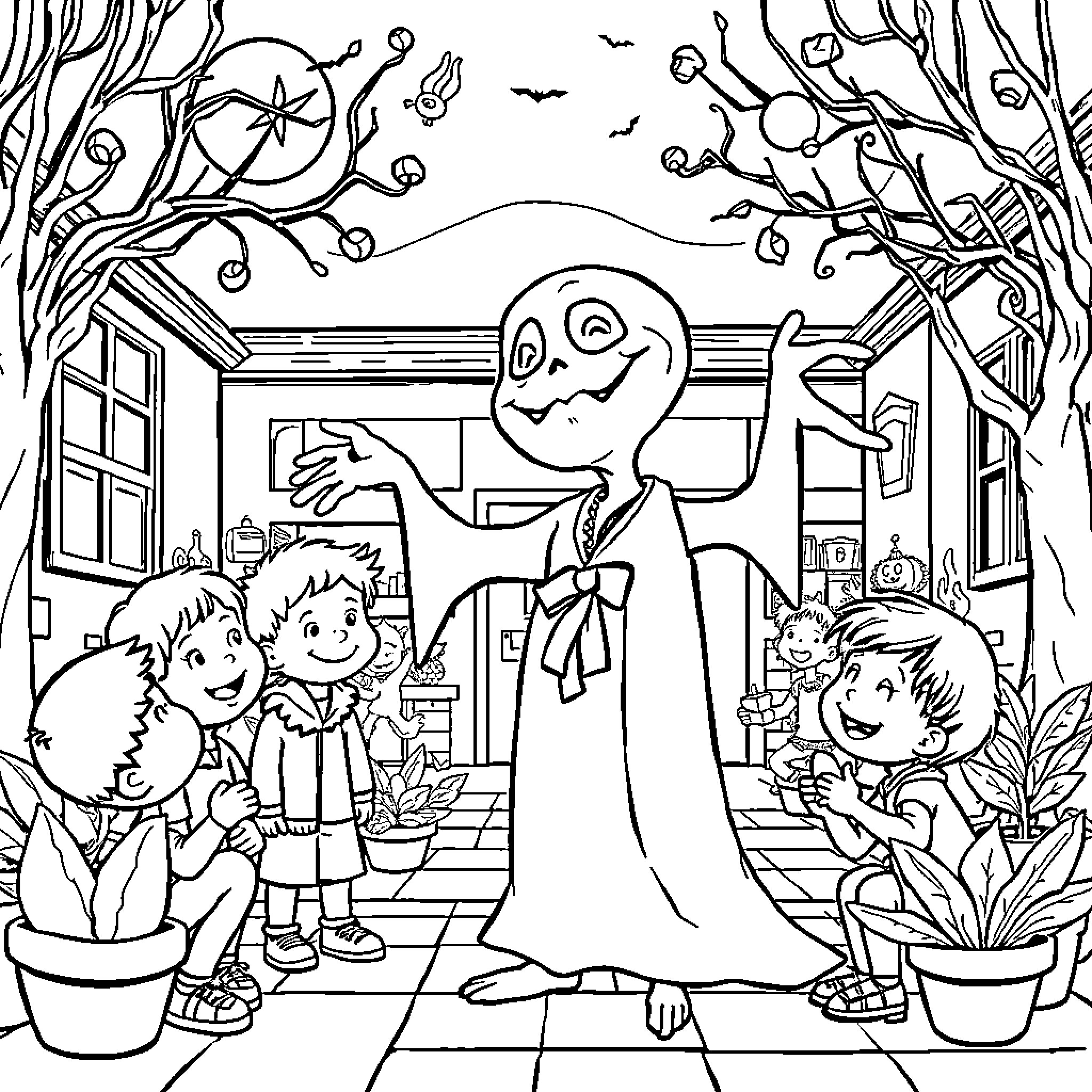 Vampire Entertaining Children in Spooky Forest Coloring Page (free black-and-white line drawing printable PDF for all, from beginners to advanced learners, including children, teens, adults, and seniors)