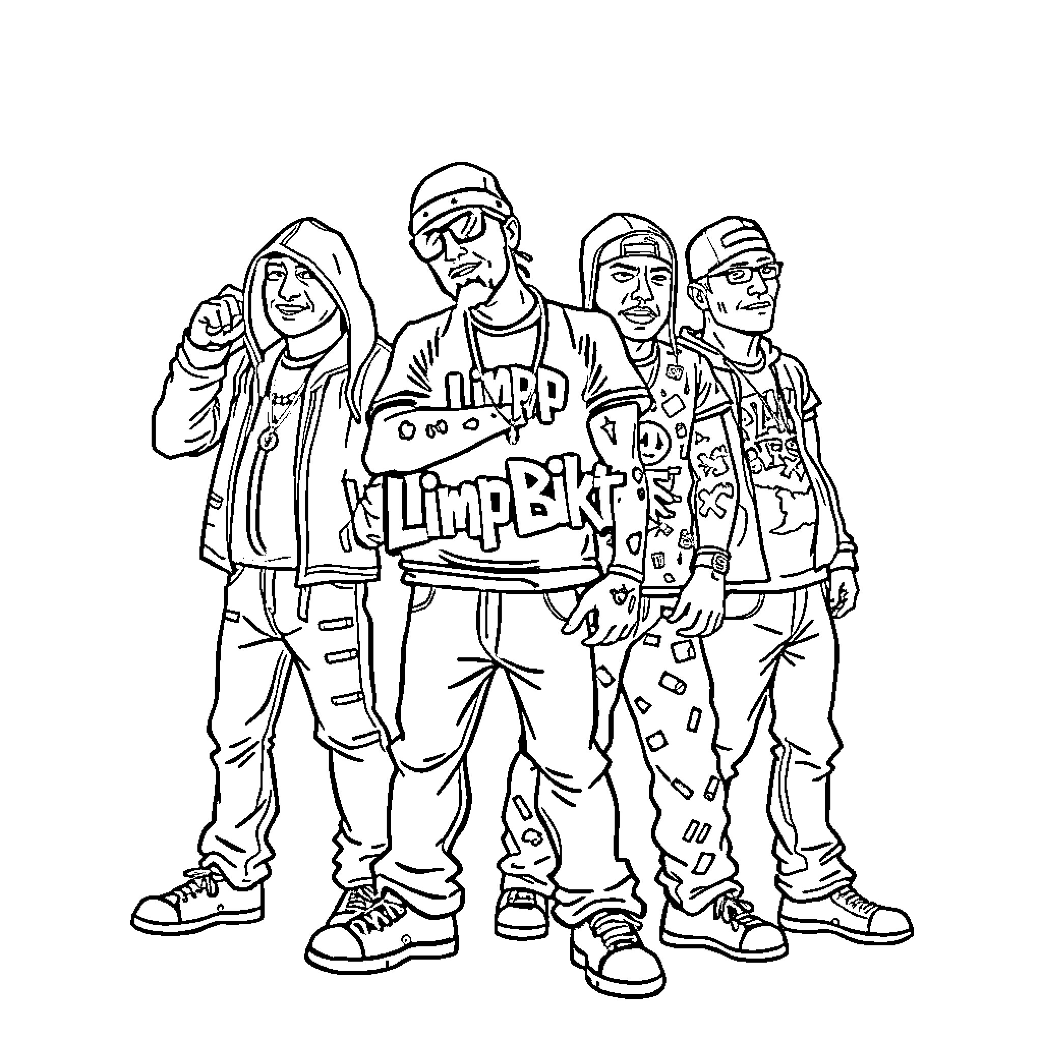 Limp Bizkit band members posing together Coloring Page (free black-and-white line drawing printable PDF for all, from beginners to advanced learners, including children, teens, adults, and seniors)