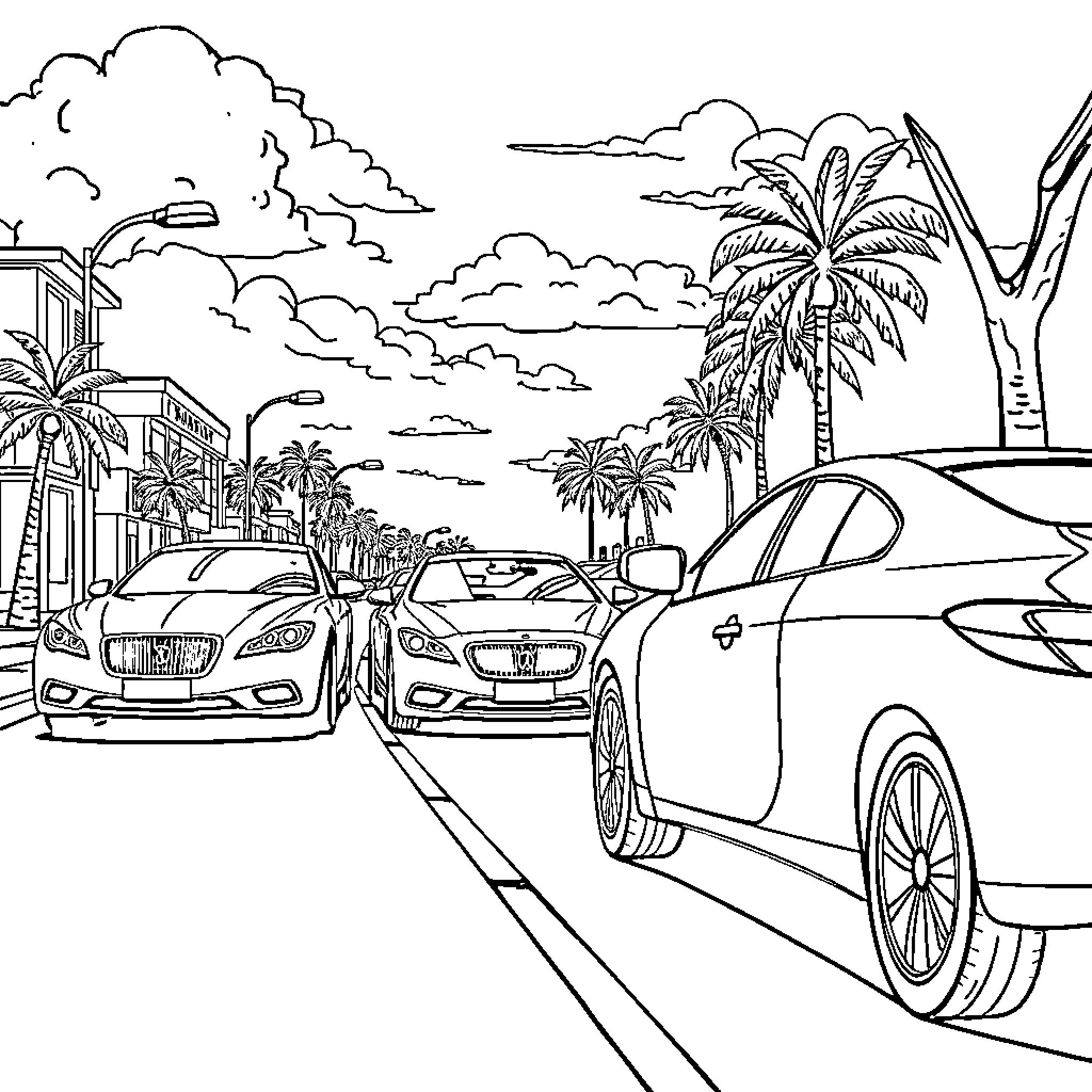 Cars in a tropical city street scene Coloring Page (free black-and-white line drawing printable PDF for all, from beginners to advanced learners, including children, teens, adults, and seniors)