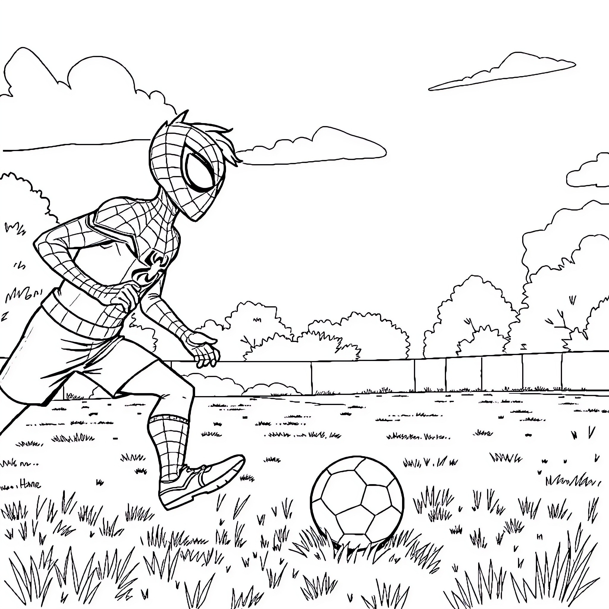 Spiderman kicking soccer ball in a park Coloring Page (free black-and-white line drawing printable PDF for all, from beginners to advanced learners, including children, teens, adults, and seniors)