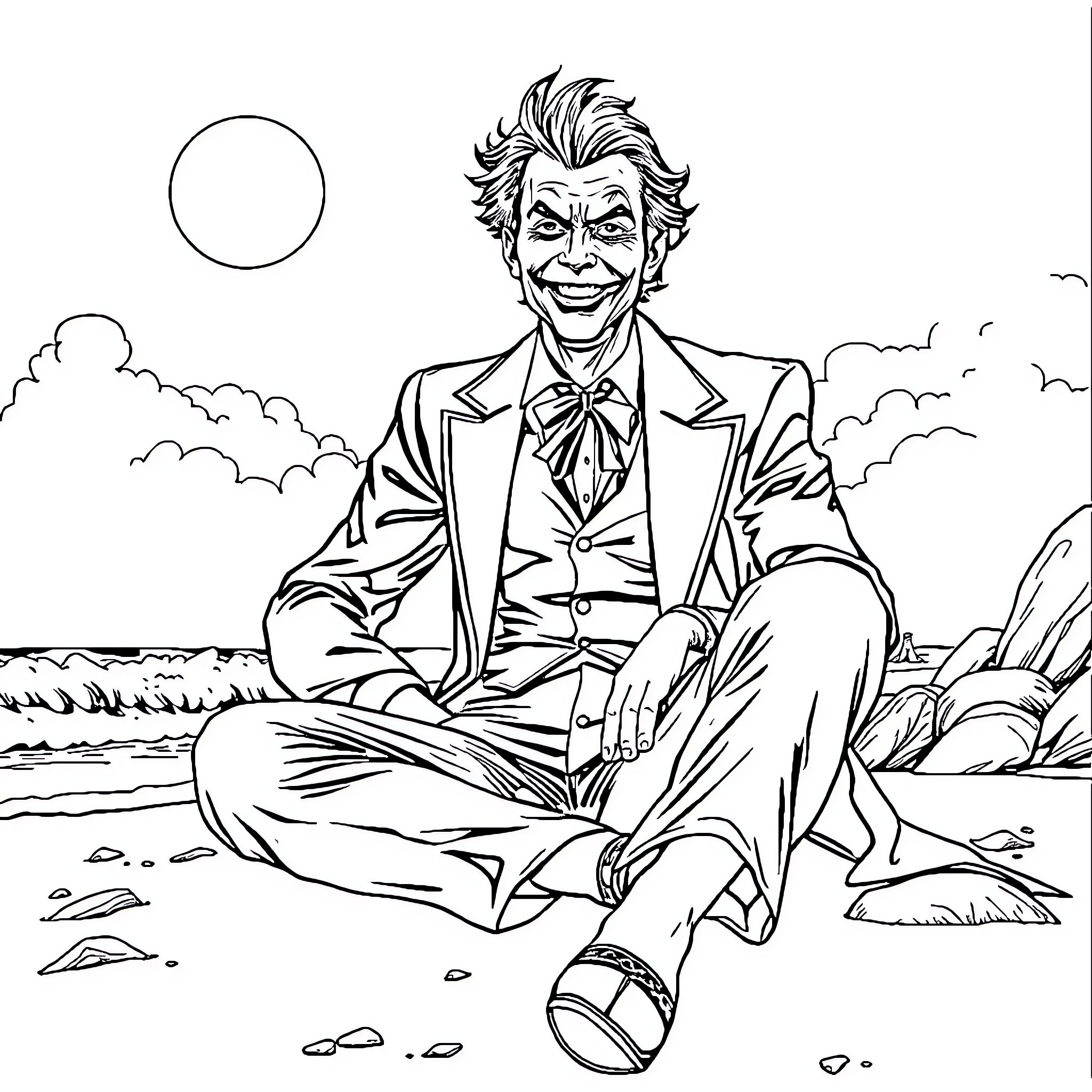 Joker's Contemplative Pose by the Shoreline Coloring Page (free black-and-white line drawing printable PDF for all, from beginners to advanced learners, including children, teens, adults, and seniors)