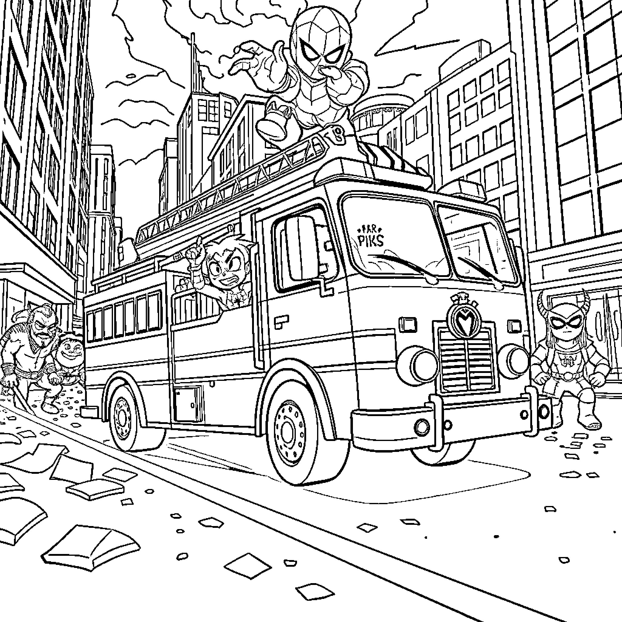 Fire Engine Responds to Superhero Emergency in the City Coloring Page (free black-and-white line drawing printable PDF for all, from beginners to advanced learners, including children, teens, adults, and seniors)