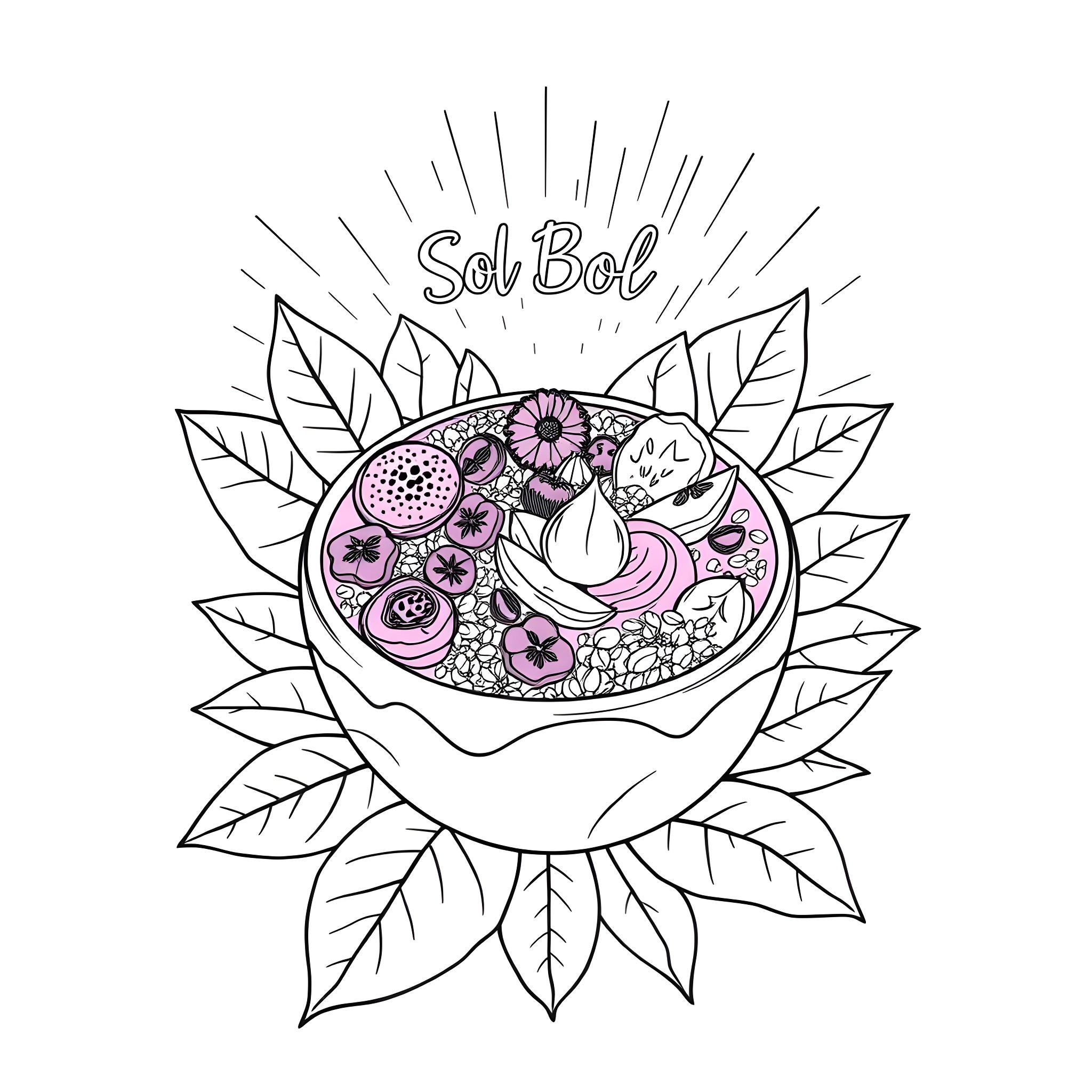 Acai Bowl with Floral Arrangement Coloring Page (free black-and-white line drawing printable PDF for all, from beginners to advanced learners, including children, teens, adults, and seniors)