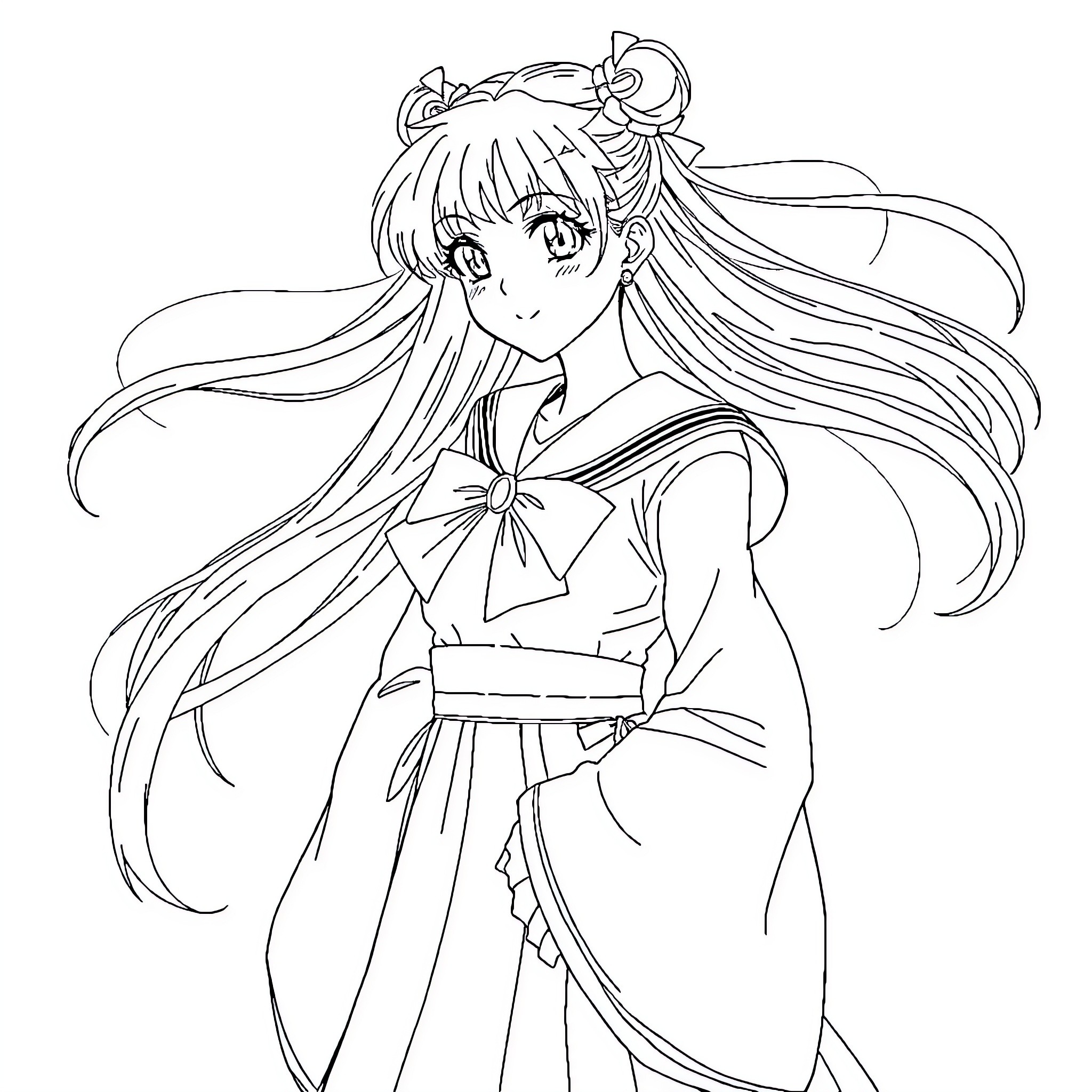 Sailormoon Character in Elegant Anime Outfit Coloring Page (free black-and-white line drawing printable PDF for all, from beginners to advanced learners, including children, teens, adults, and seniors)