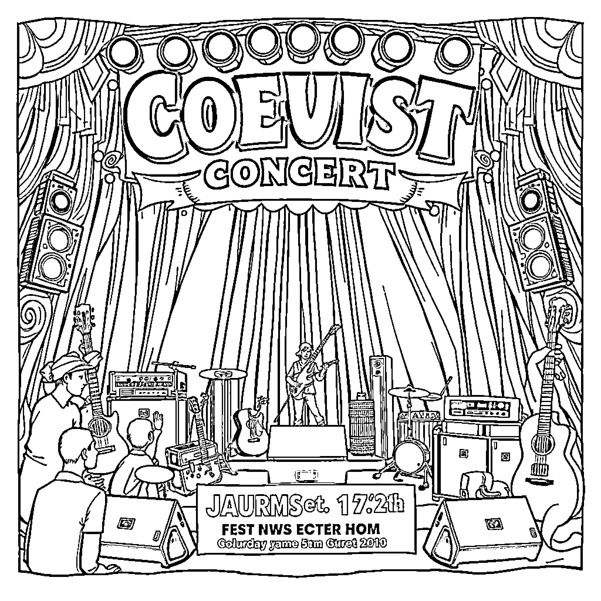 Concert of musical instruments and performers on stage Coloring Page (free black-and-white line drawing printable PDF for all, from beginners to advanced learners, including children, teens, adults, and seniors)