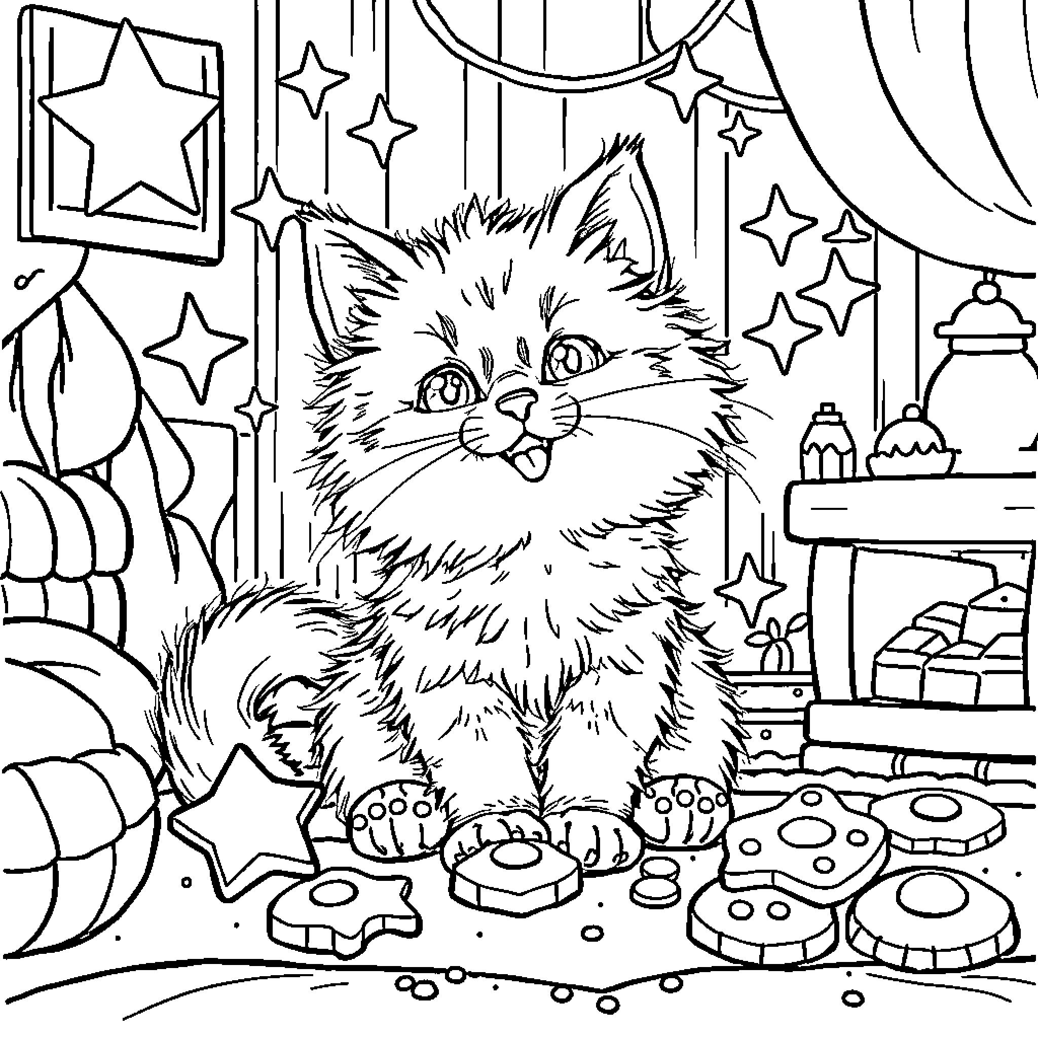 Kitty Enjoying Playtime in a Cozy Room Coloring Page (free black-and-white line drawing printable PDF for all, from beginners to advanced learners, including children, teens, adults, and seniors)