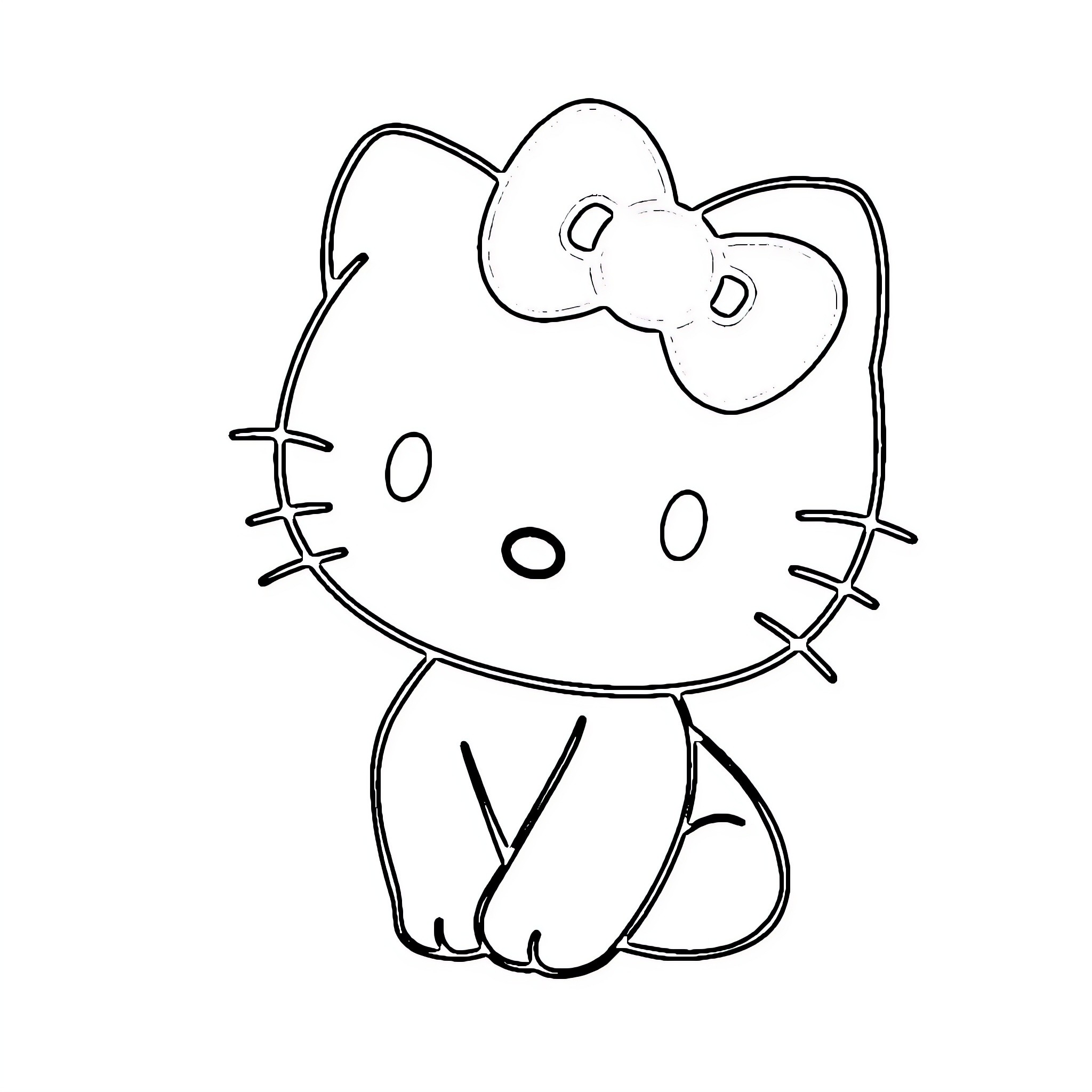 Hello Kitty sitting and smiling Coloring Page (free black-and-white line drawing printable PDF for all, from beginners to advanced learners, including children, teens, adults, and seniors)
