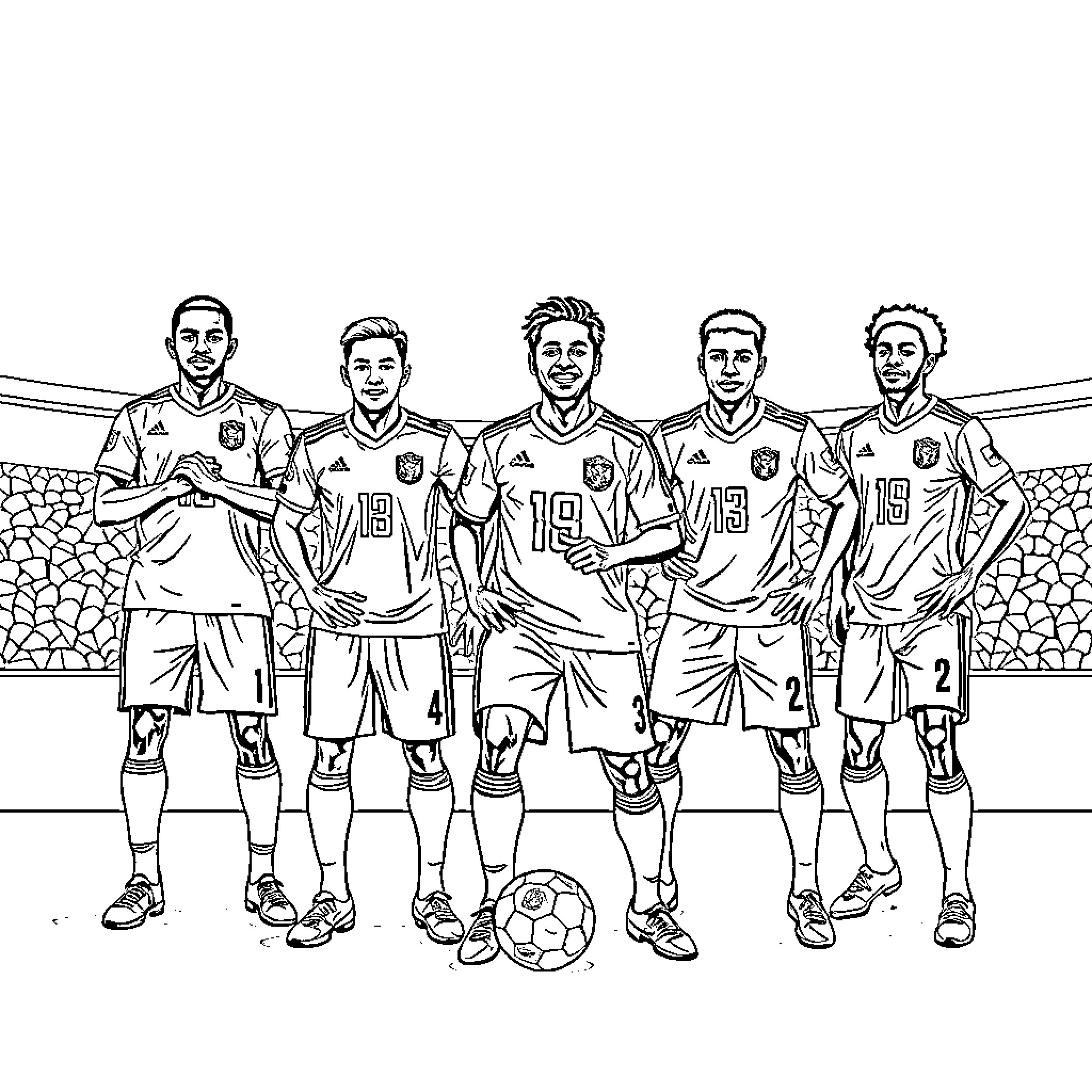 Haitian Team Posing with Soccer Ball on Field Coloring Page (free black-and-white line drawing printable PDF for all, from beginners to advanced learners, including children, teens, adults, and seniors)