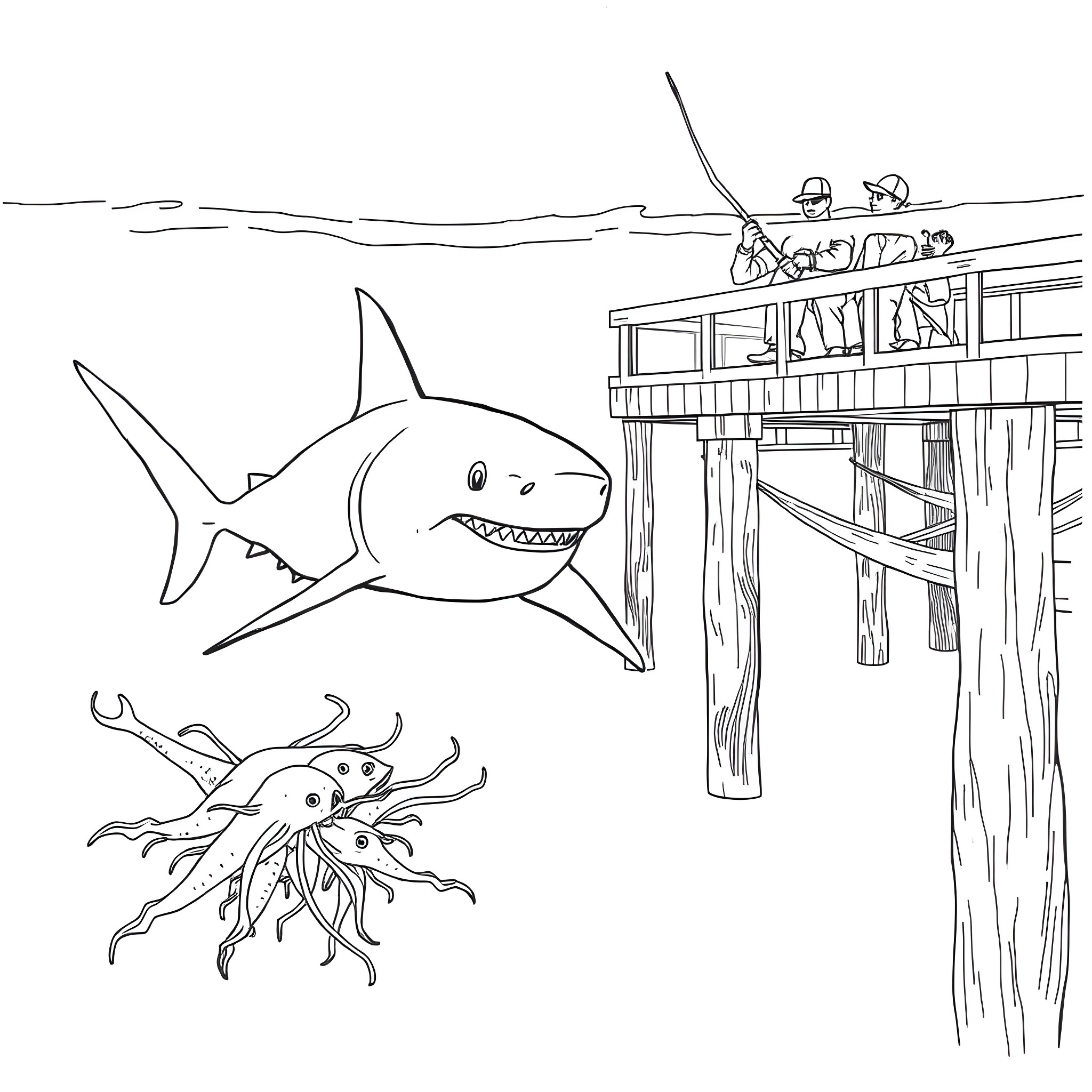 Shark hunting near a wooden dock Coloring Page (free black-and-white line drawing printable PDF for all, from beginners to advanced learners, including children, teens, adults, and seniors)