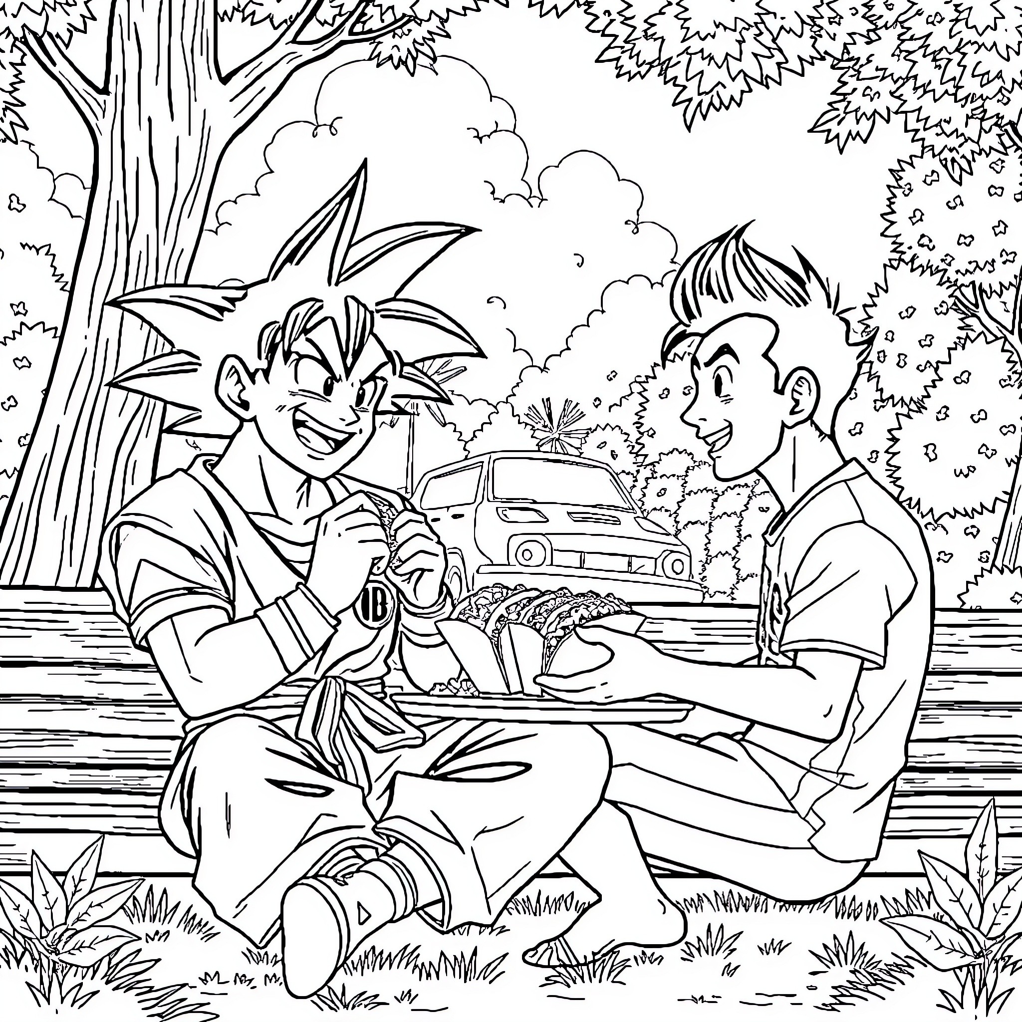 Goku's Adventurous Outing with a Friend Coloring Page (free black-and-white line drawing printable PDF for all, from beginners to advanced learners, including children, teens, adults, and seniors)