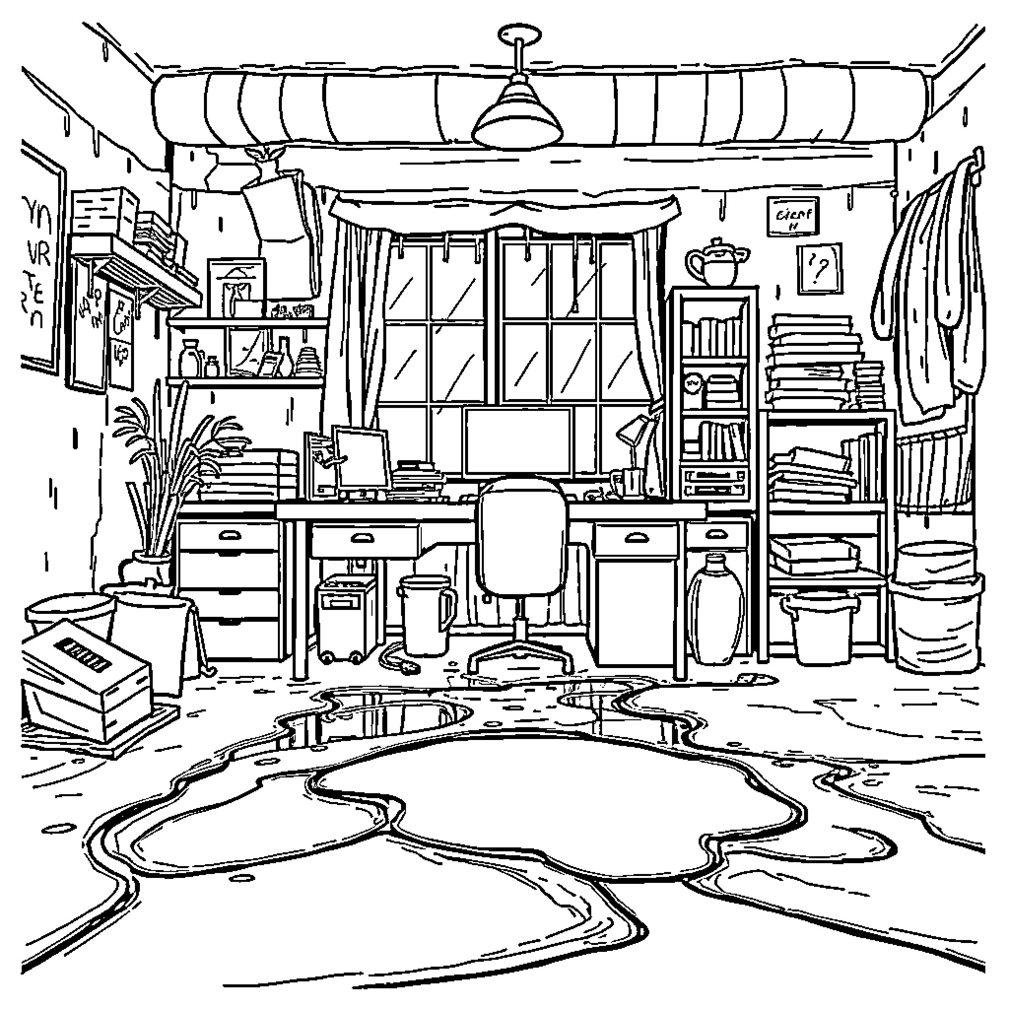Workplace with Cluttered Workstation and Desk Coloring Page (free black-and-white line drawing printable PDF for all, from beginners to advanced learners, including children, teens, adults, and seniors)