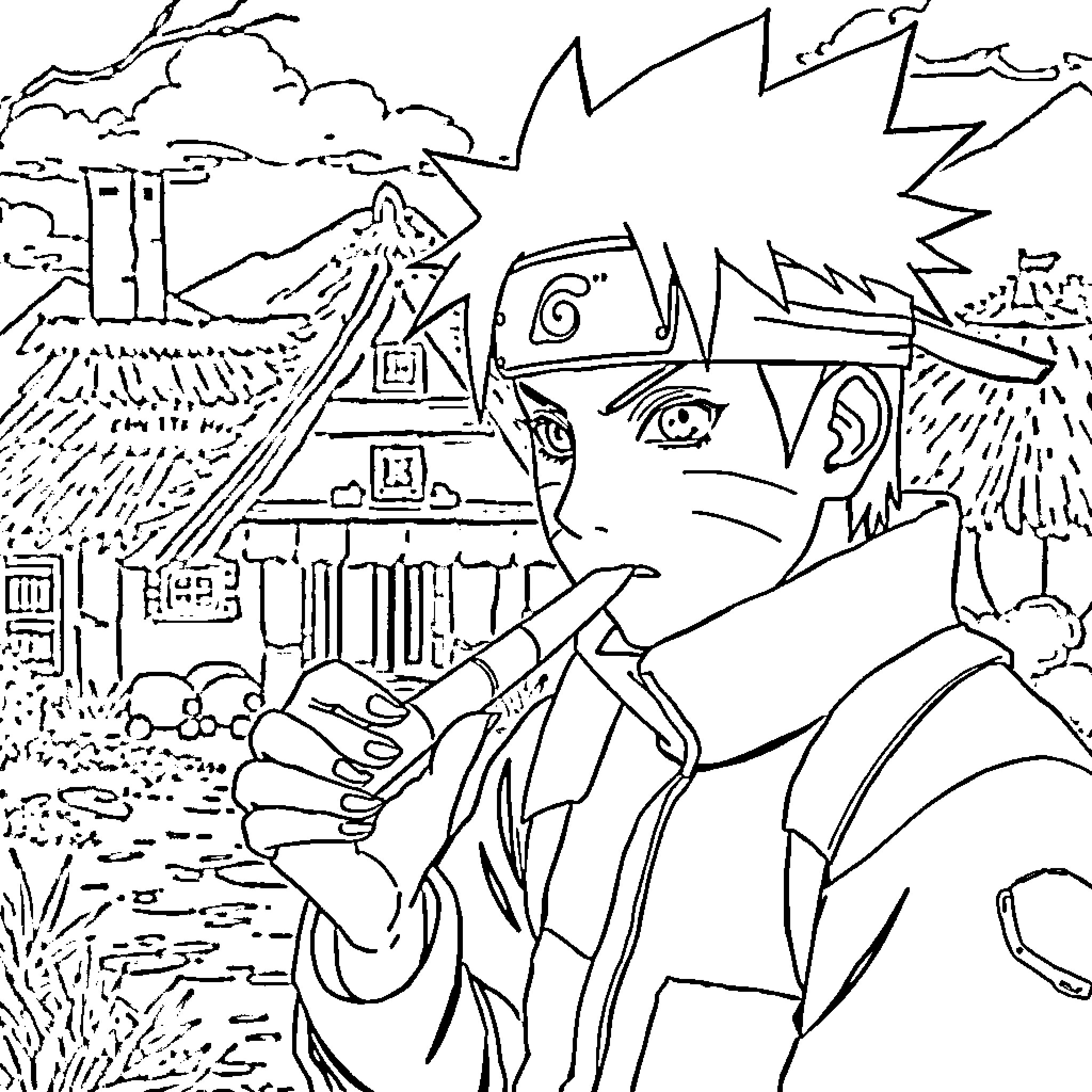Naruto's Ninja Training in the Hidden Leaf Village Coloring Page (free black-and-white line drawing printable PDF for all, from beginners to advanced learners, including children, teens, adults, and seniors)