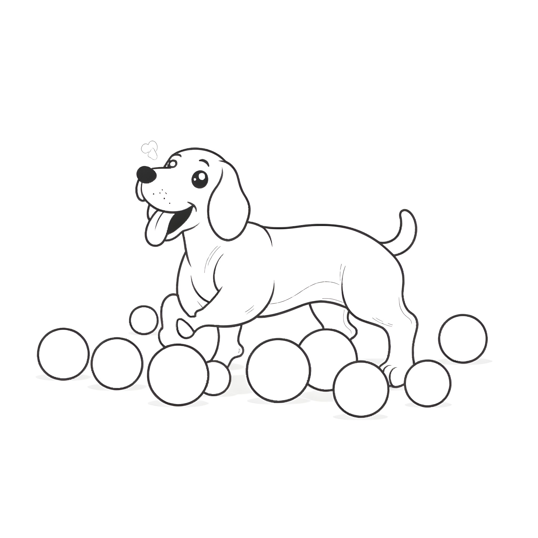 Dachshund playing happily with colorful balls Coloring Page (free black-and-white line drawing printable PDF for all, from beginners to advanced learners, including children, teens, adults, and seniors)