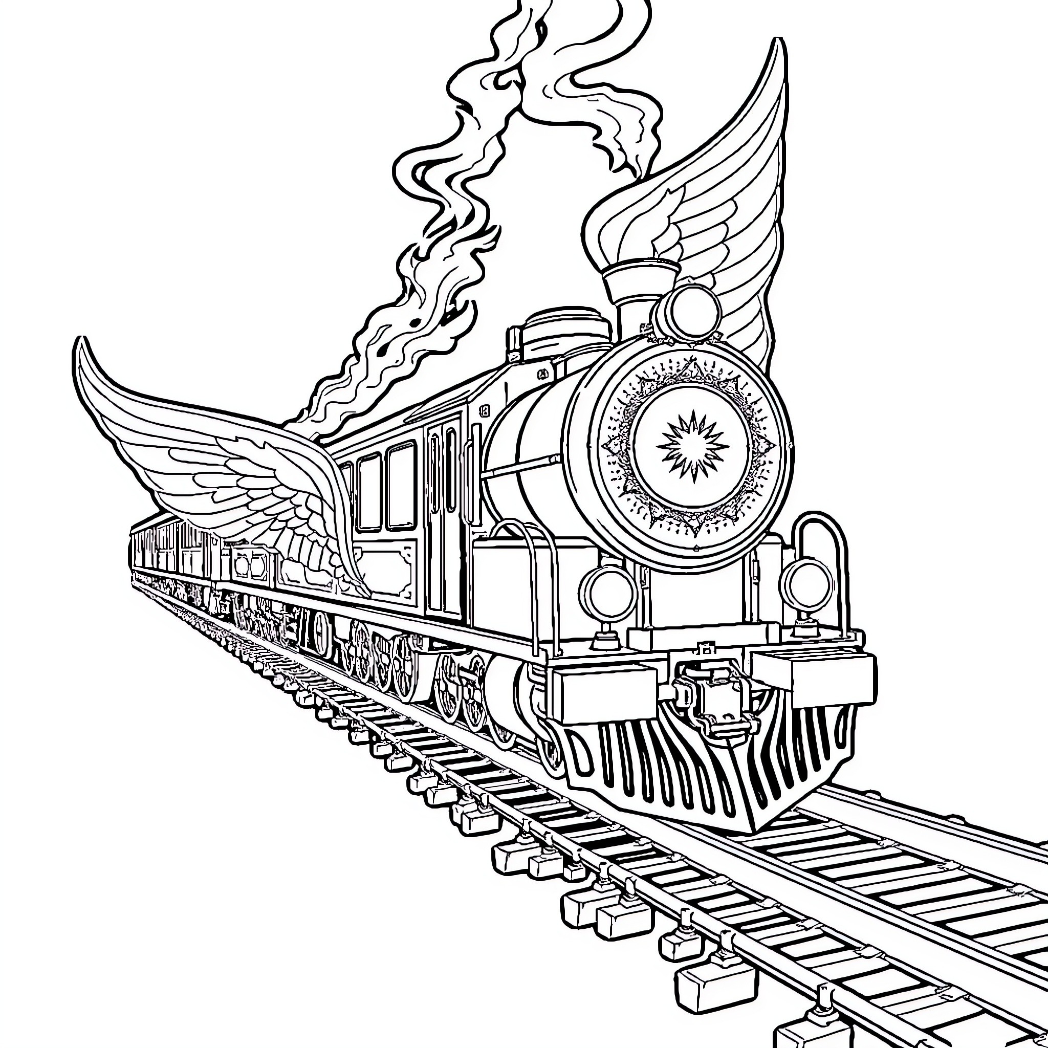 Train with wings speeding along the tracks Coloring Page (free black-and-white line drawing printable PDF for all, from beginners to advanced learners, including children, teens, adults, and seniors)
