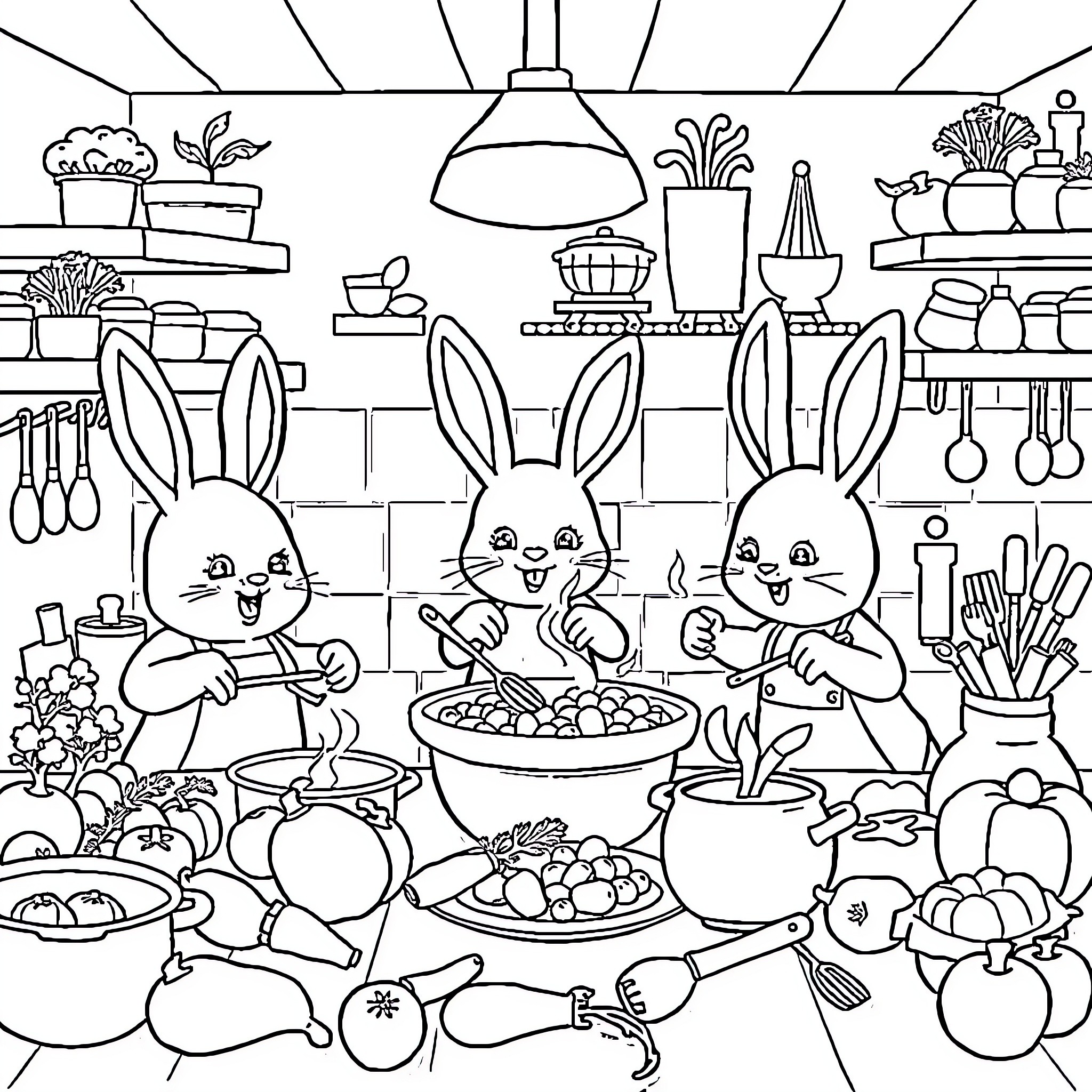 Bunny friends cooking in a cozy kitchen Coloring Page (free black-and-white line drawing printable PDF for all, from beginners to advanced learners, including children, teens, adults, and seniors)