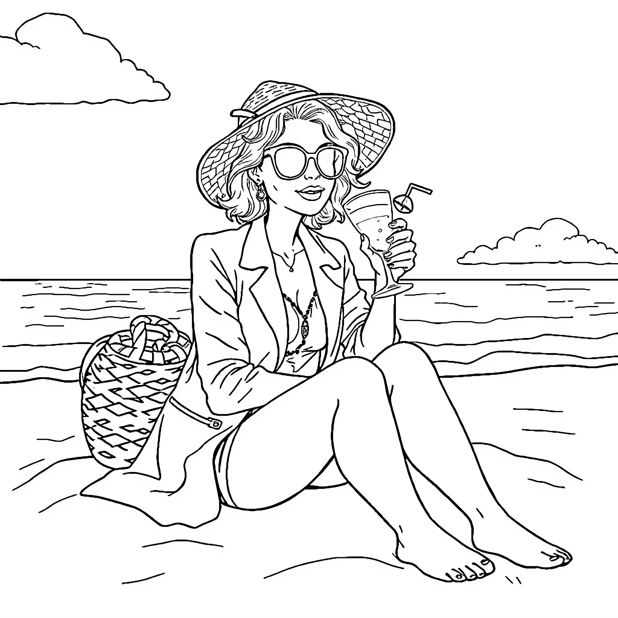 Professor relaxing and enjoying picnic on the beach Coloring Page (free black-and-white line drawing printable PDF for all, from beginners to advanced learners, including children, teens, adults, and seniors)