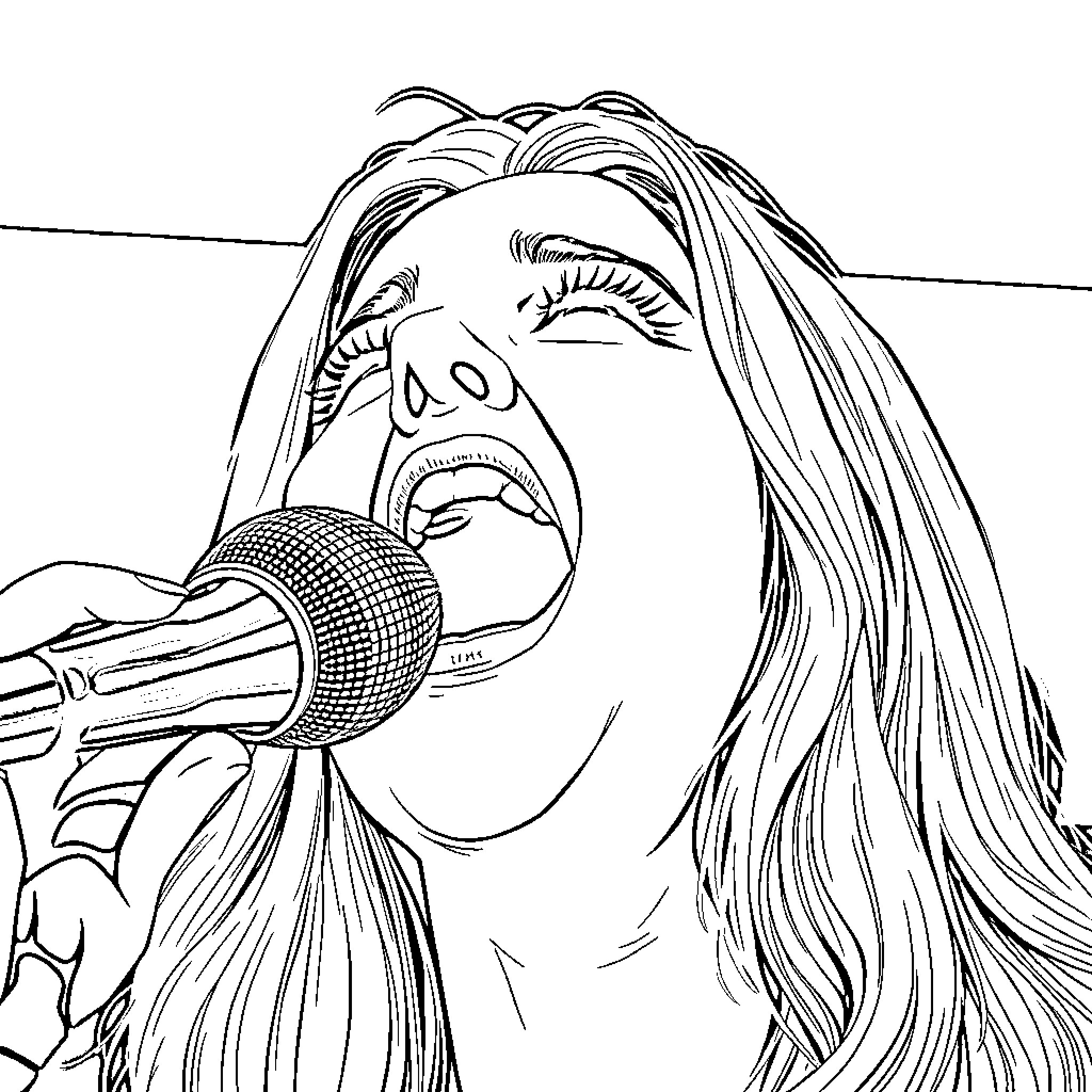 Aurora singing passionately on stage Coloring Page (free black-and-white line drawing printable PDF for all, from beginners to advanced learners, including children, teens, adults, and seniors)